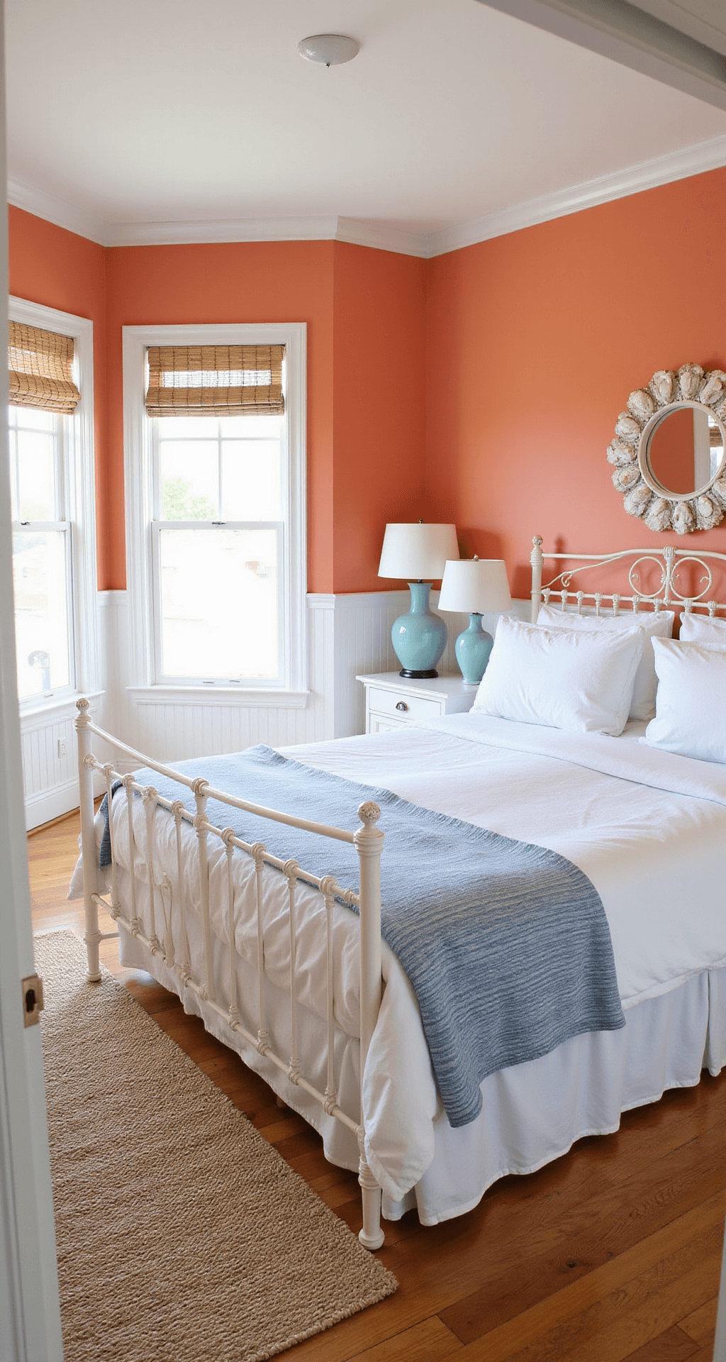 Coastal-inspired bedroom with coral orange walls, white beadboard wainscoting, and bamboo roman shades. White iron bed with blue striped throws, seagrass rug, and whitewashed floors. Pale blue ceramic lamps on white nightstands and a shell-adorned mirror above the dresser.