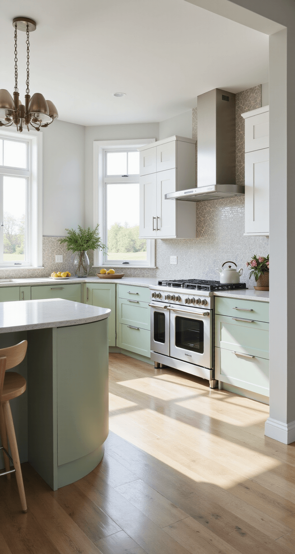 A sunlit contemporary kitchen featuring sage green and matte white cabinets, geometric cream and grey tile backsplash, minimalist island, Scandinavian-style bar stools, and a pendant light cluster, captured from an elevated angle.