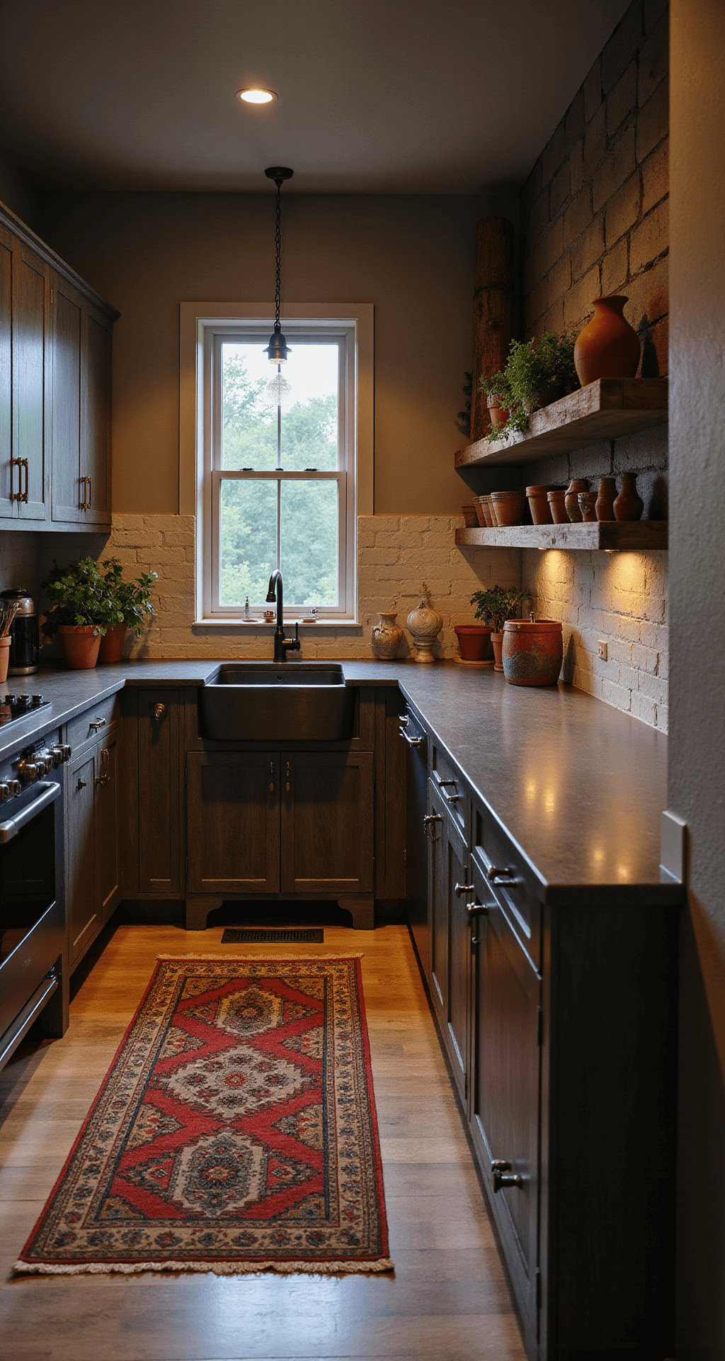 A cozy rustic-modern kitchen featuring Cornwall Slate cabinets with textured wood grain, soapstone counters, and a farmhouse sink. Open shelving made from reclaimed wood displays terracotta pots with herbs. Mixed metal hardware in antique brass and iron complements the vintage runner rug. The scene is captured from a diagonal corner view at twilight, with warm artificial lighting creating an intimate and welcoming atmosphere.
