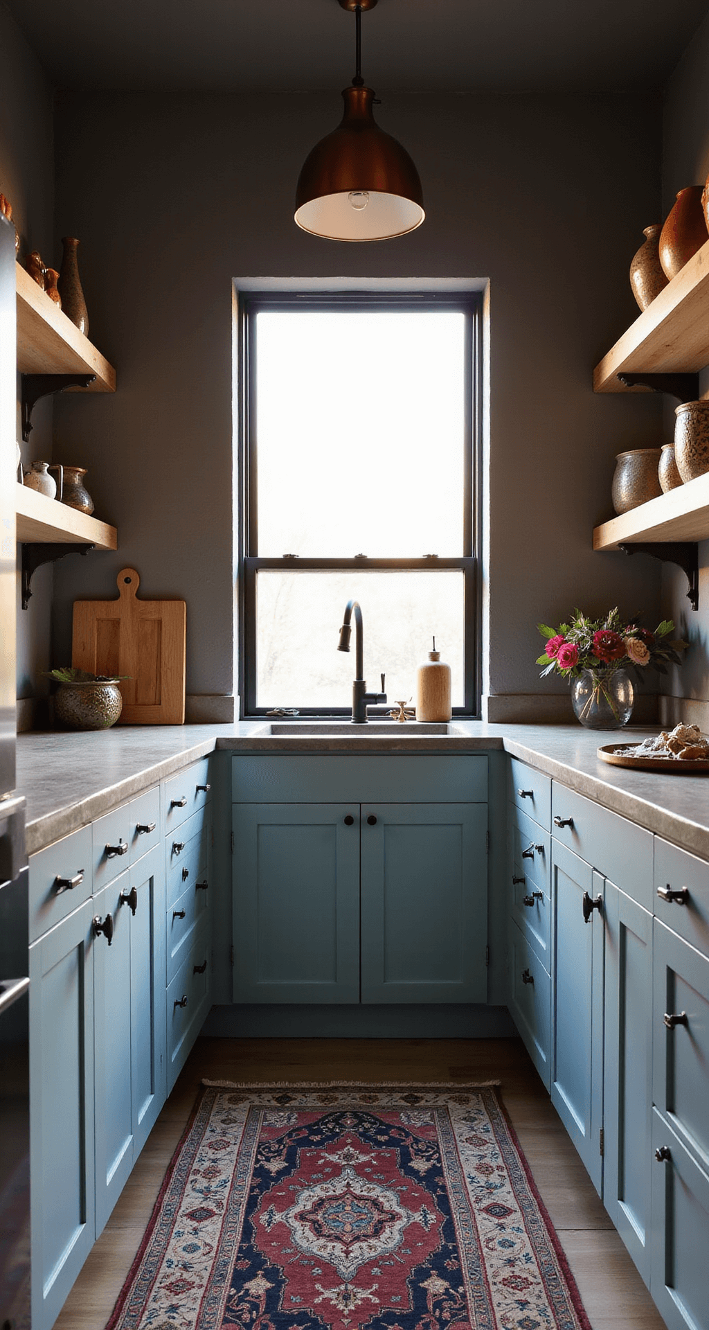 Intimate galley kitchen featuring sky blue shaker cabinets, warm gray concrete countertops, and a dramatic black steel-framed window, illuminated by golden hour light. A vintage Persian runner and mixed metal accents enhance the sophisticated industrial modern aesthetic, with white oak floating shelves displaying artisanal pottery.