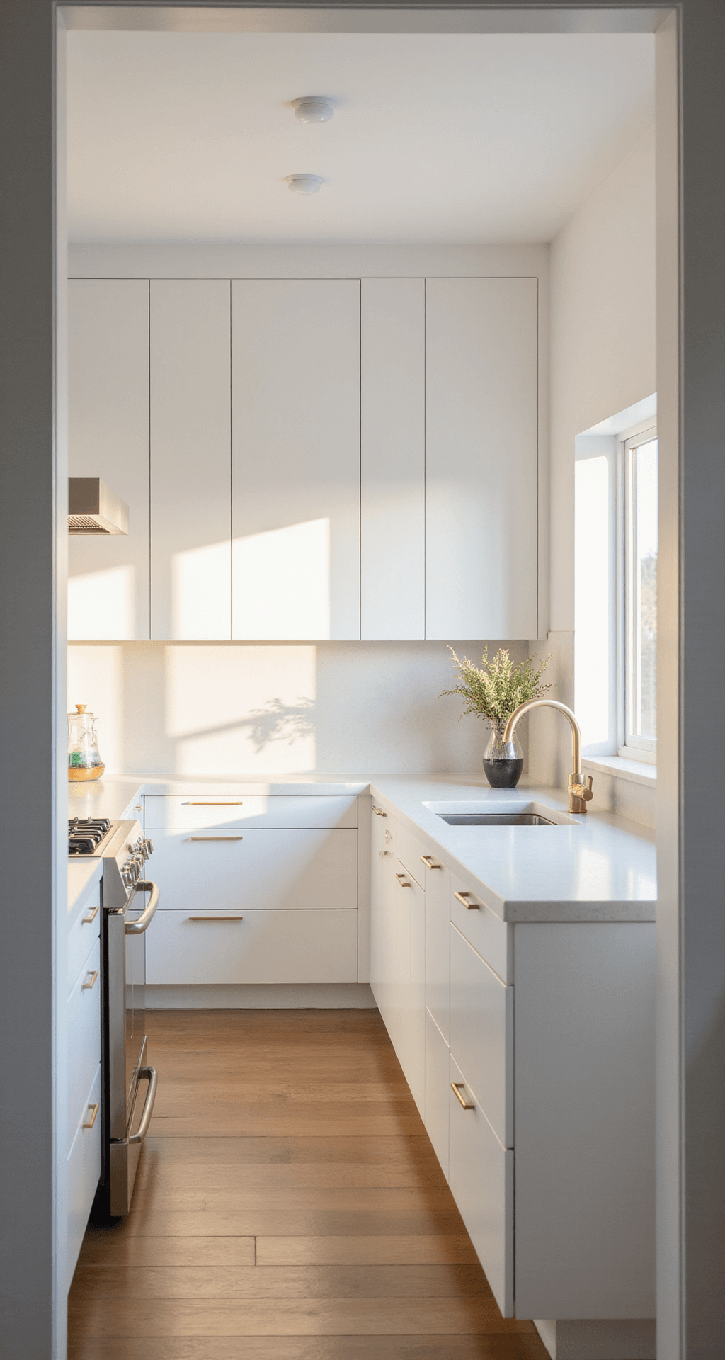 A minimalist modern kitchen with white cabinets and quartz countertops, captured during golden hour, featuring natural light from west-facing windows and a focus on clean lines and negative space.