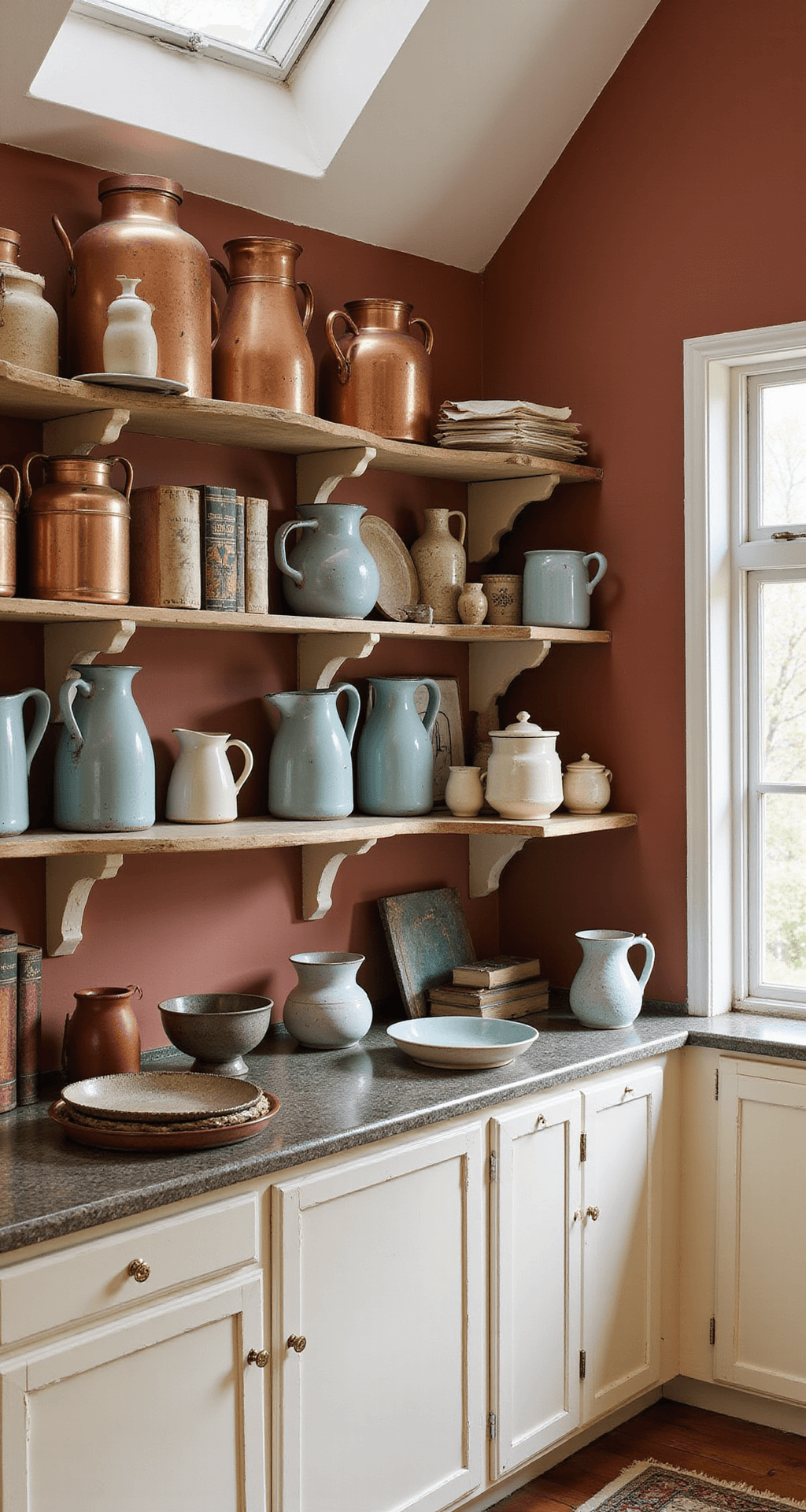 A cozy traditional kitchen with cream-colored cabinets displaying a collection of copper cookware and vintage enamelware, illuminated by soft mid-morning light from a skylight. Antique milk bottles, weathered cookbooks, and ceramic pitchers in muted blues and creams are highlighted against rich terracotta walls, with the composition emphasizing depth and showcasing elevated collectibles.
