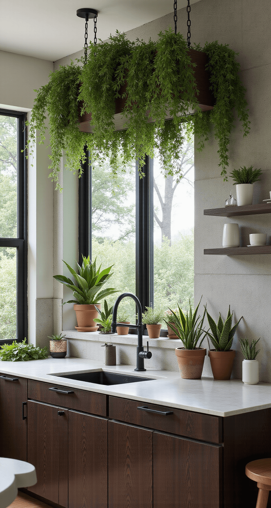 Wide-angle view of a contemporary kitchen featuring espresso-stained cabinets, a lush arrangement of trailing pothos and compact succulents above. Morning light filters through east-facing windows, casting dappled shadows on a cement-look pale gray backsplash. Matte black hardware contrasts with deep wood tones, and plants are displayed in weathered terra cotta and modern white ceramics amidst a tranquil atmosphere.