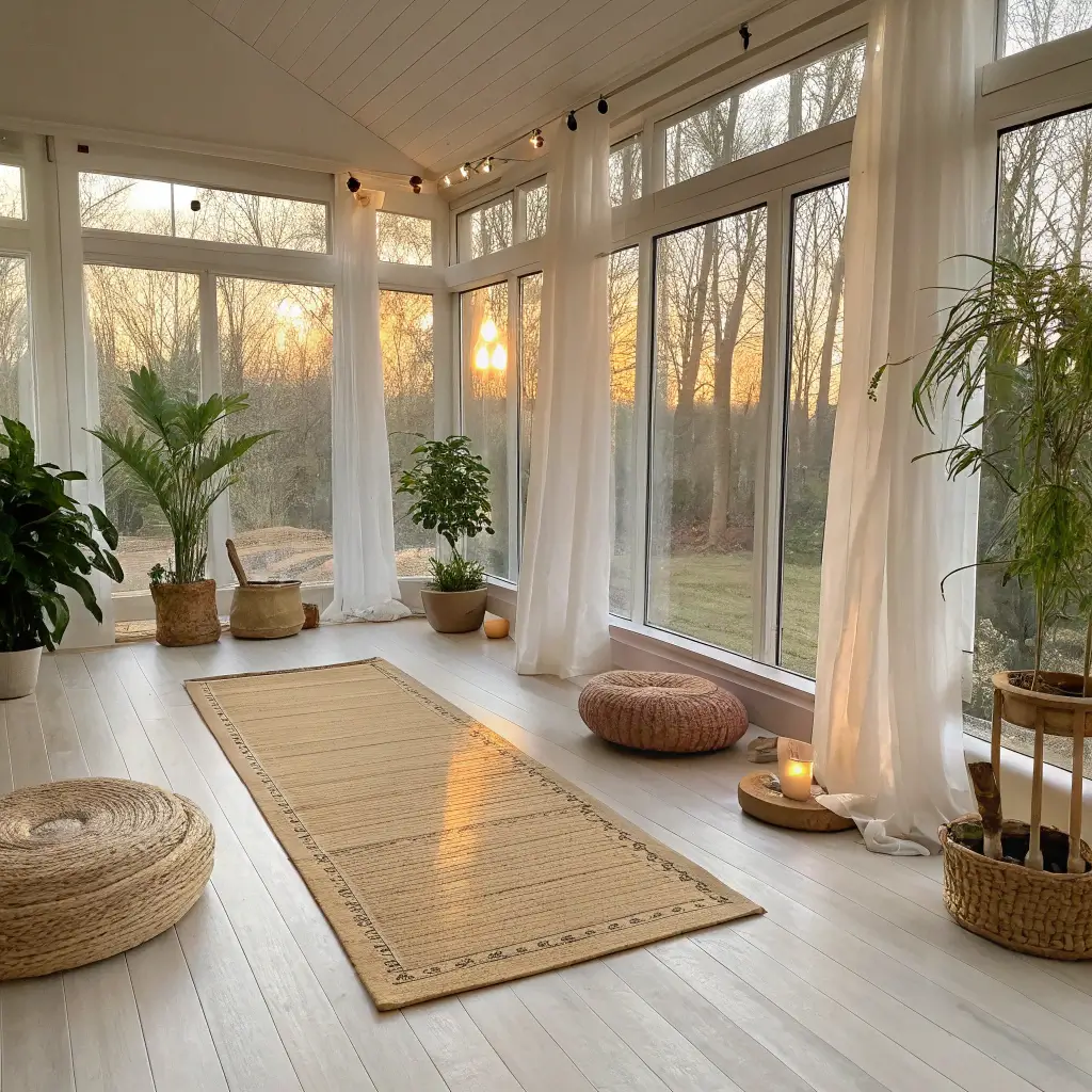 A tranquil sunroom set for yoga, featuring floor-to-ceiling windows with sheer curtains, white wooden floors, a central cork yoga mat, seagrass baskets, potted bamboo, a shelf with crystals, a copper singing bowl, and a Himalayan salt lamp, all warmly illuminated by golden hour light.