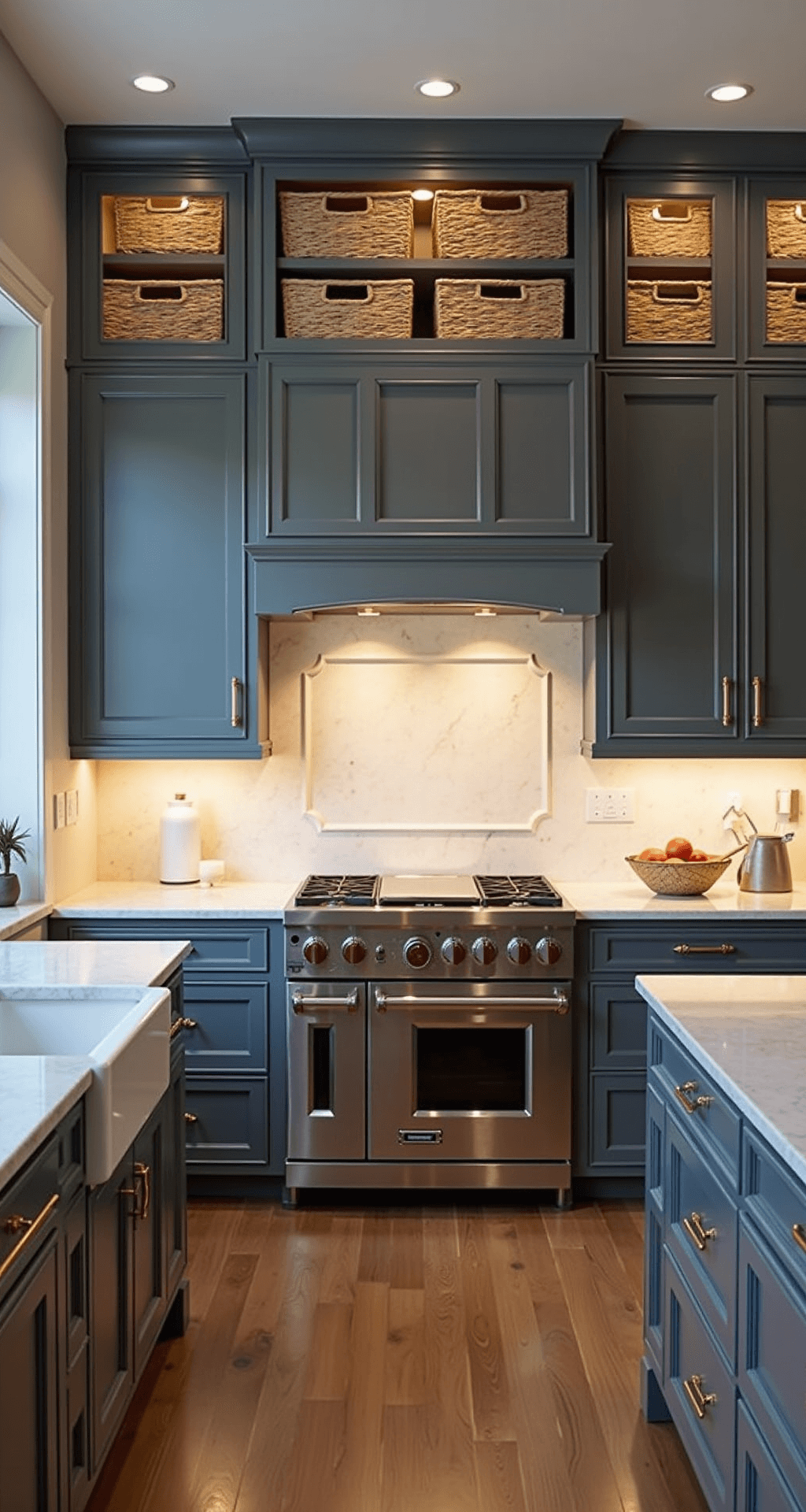 An expansive chef's kitchen featuring gray-blue soft-close cabinets, professional-grade stainless appliances, and a full-height marble backsplash, with warm LED under-cabinet lighting and matching woven baskets containing seasonal items.