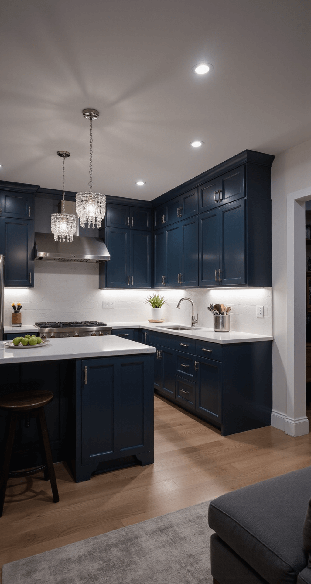 A modern kitchen featuring dark navy cabinets illuminated by LED strip lighting, with white walls and crystal pendant lights over an island, captured at twilight from a dimly lit living space.