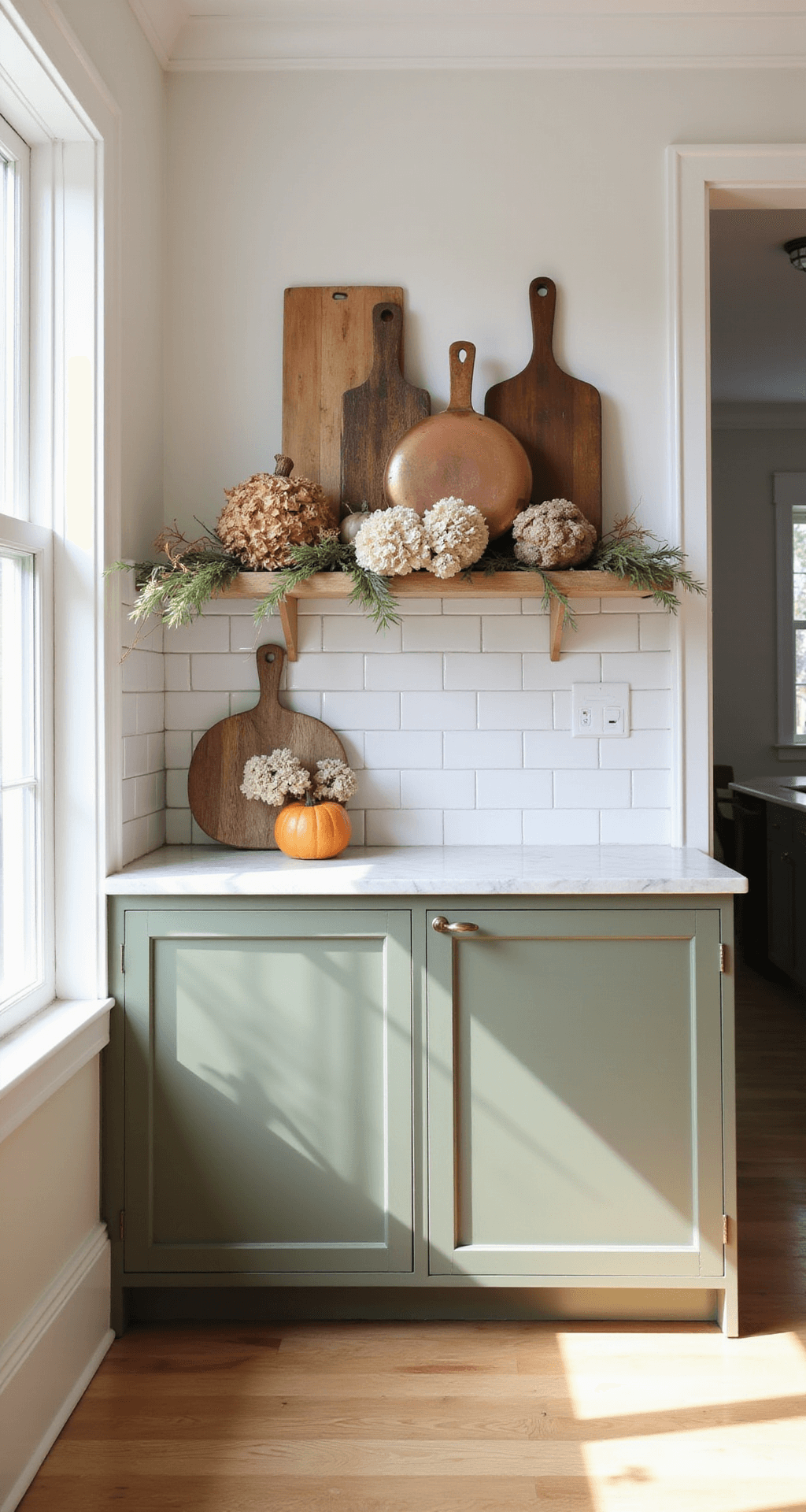 A beautifully lit transitional kitchen featuring sage green cabinets adorned with an autumn-themed display of copper accents, dried hydrangeas, and vintage bread boards. The white oak floors reflect warm light, complementing the marble counters and subway tile backdrop. The scene captures a straight-on view of the seasonal vignette, enhanced by natural side light and overhead ambient lighting.