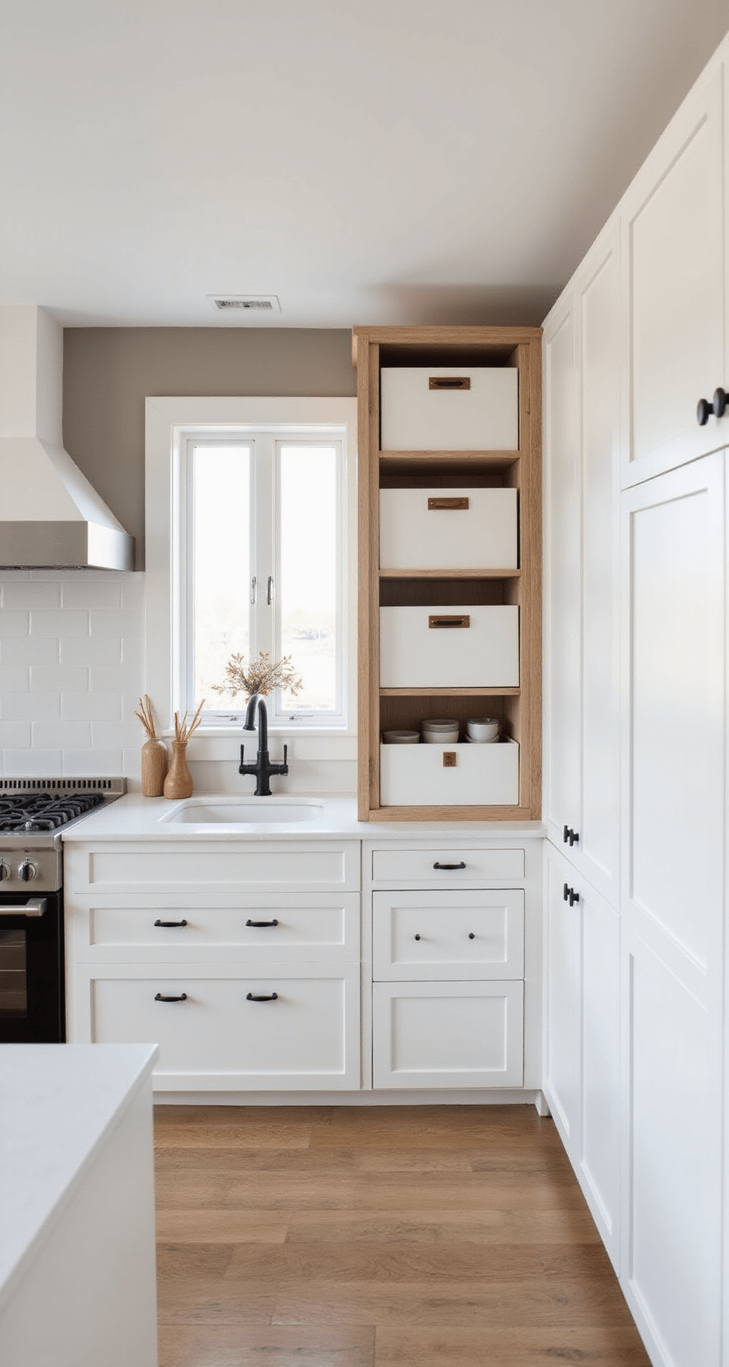Minimalist Scandinavian kitchen featuring white slab cabinets, organized storage in white boxes with leather pulls, pale oak accents, and black matte fixtures, all illuminated by clean afternoon light.