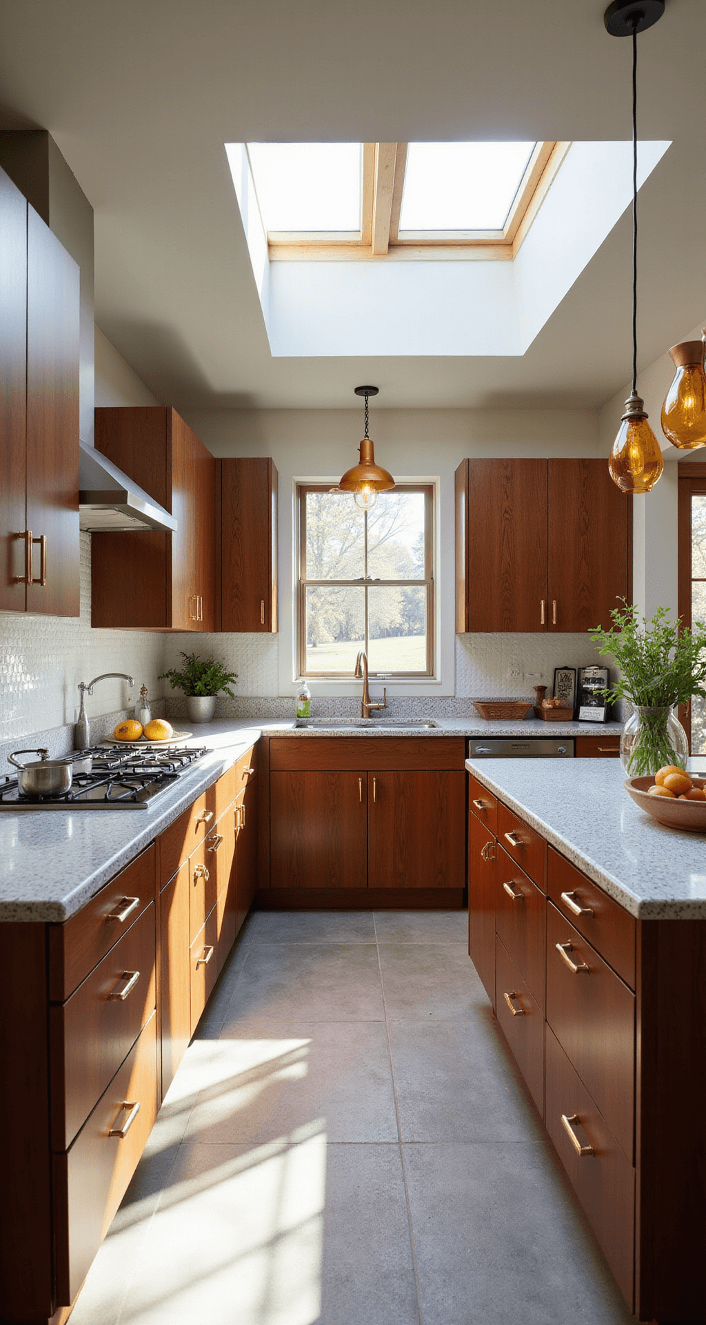 A mid-century modern kitchen featuring walnut cabinets with brass pulls, terrazzo countertops, and a white penny tile backsplash. The clerestory windows allow afternoon sun to cast dramatic shadows, highlighting the wood grain. Vintage amber glass pendant lights hang above, and the styling includes period-appropriate accessories. The camera captures angular compositions with a focus on cabinet details, softening the background.