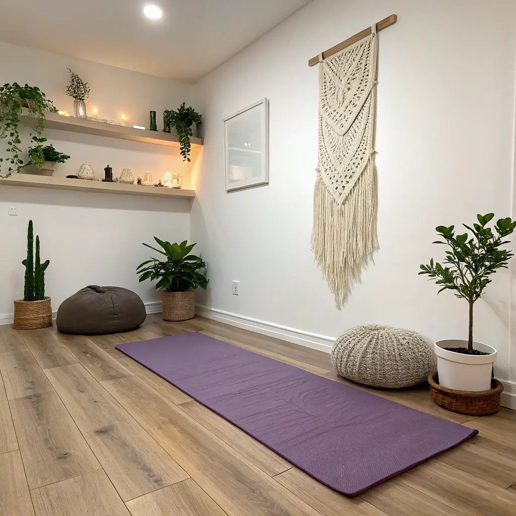 Minimalist bedroom corner with a yoga mat, meditation cushion, essential oils on a shelf, macramé wall hanging, and potted succulents, captured during blue hour with soft LED lighting.
