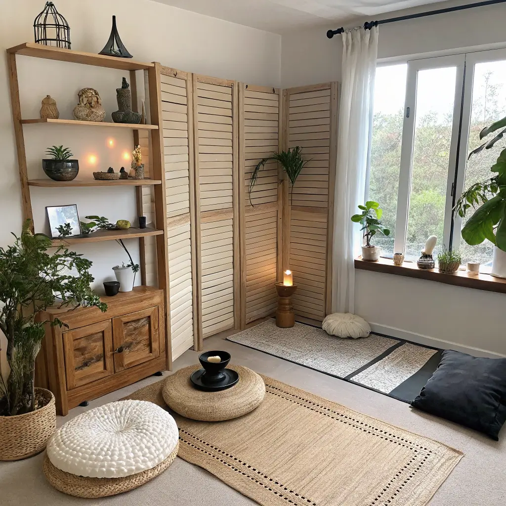 Aerial view of a small zen nook in a living room, separated by slatted wooden dividers, with morning light streaming through windows. The space features a jute yoga mat on cork flooring, floating shelves with brass and black decor, trailing pothos plants, and cream wool meditation cushions, all in an earthy neutral palette accented with black.