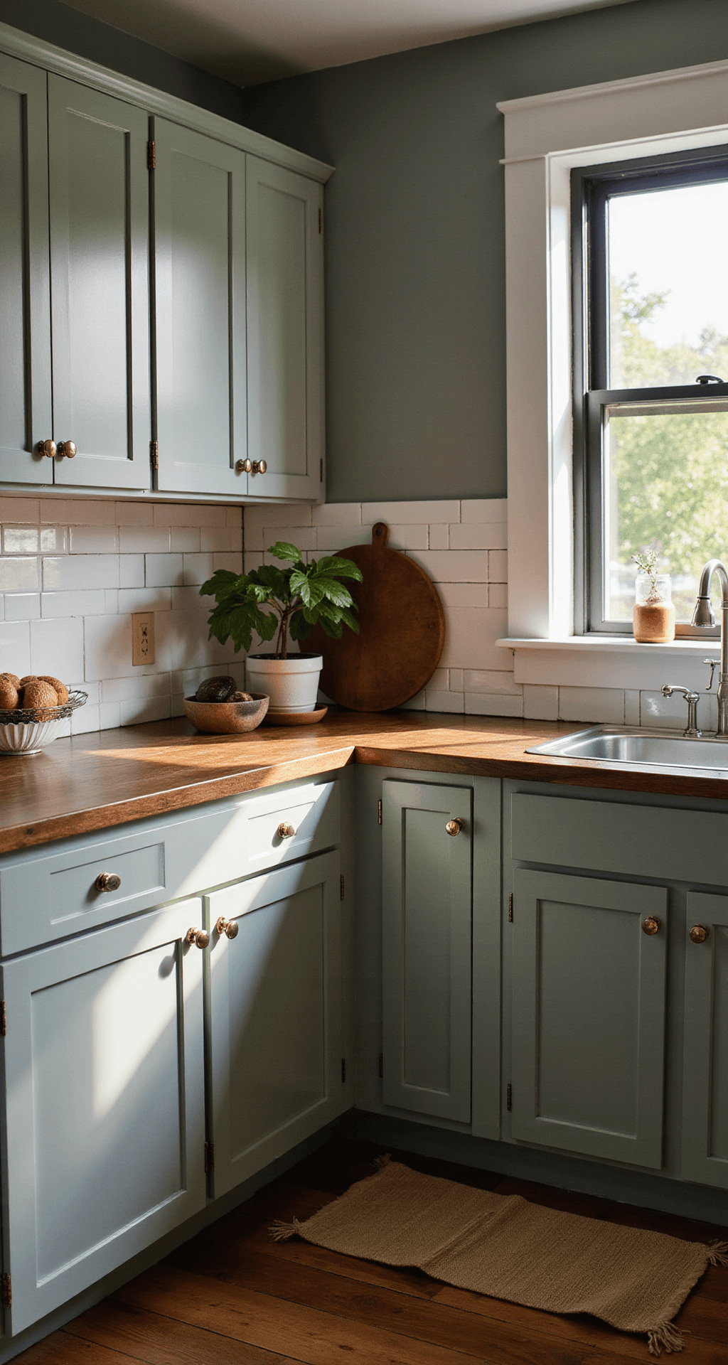 Corner view of a compact kitchen with sage green upper cabinets and white lower cabinets, featuring walnut butcher block countertops and a subway tile backsplash, highlighted by golden hour lighting and a moody atmosphere.
