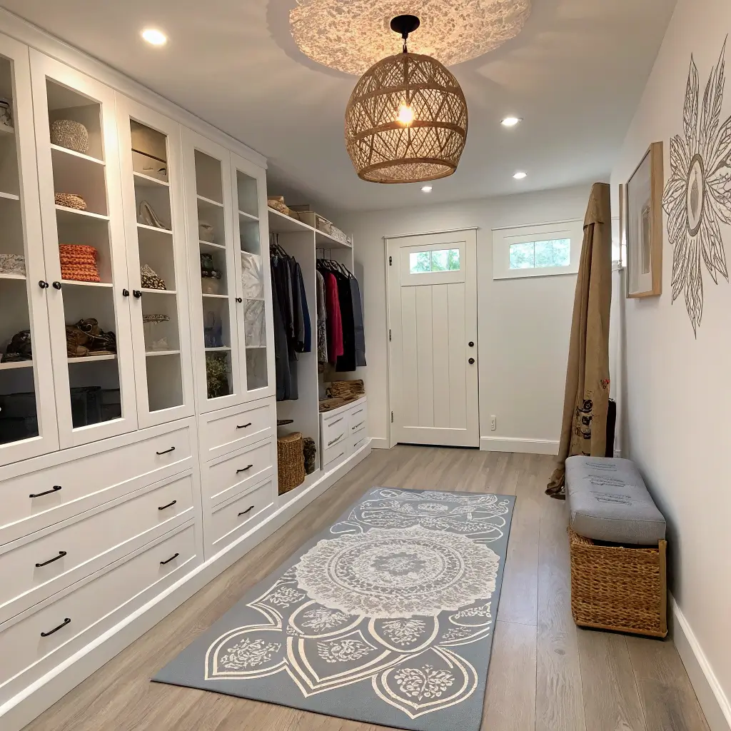 A small wellness retreat in a 7x9ft closet with white walls and oak flooring. Indirect light filters through a frosted glass door. Custom ash wood storage hides yoga props, a mandala decal is above a gray yoga mat, and a rattan lamp casts shadows. A diffuser emits lavender mist. Vertical space is emphasized, with even lighting and a monochromatic palette with natural textures.