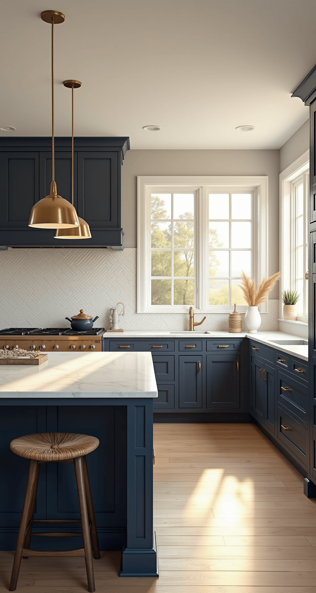 A modern coastal navy kitchen featuring ceiling-high shaker cabinets, Carrara marble countertops, and a large island, illuminated by natural light during golden hour, with woven barstools and decorative vases.