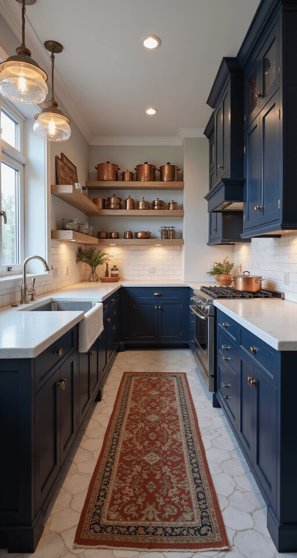 Intimate navy galley kitchen at dusk, featuring rich navy cabinets, creamy quartz countertops, subway tile backsplash, and decorative copper cookware, illuminated by classic schoolhouse pendants.