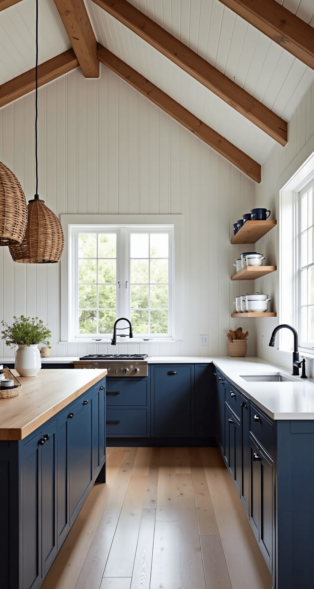 Spacious modern farmhouse kitchen with navy lower cabinets, white upper cabinets, exposed wooden beams, butcher block island, and vertical shiplap accent wall, illuminated by morning light.