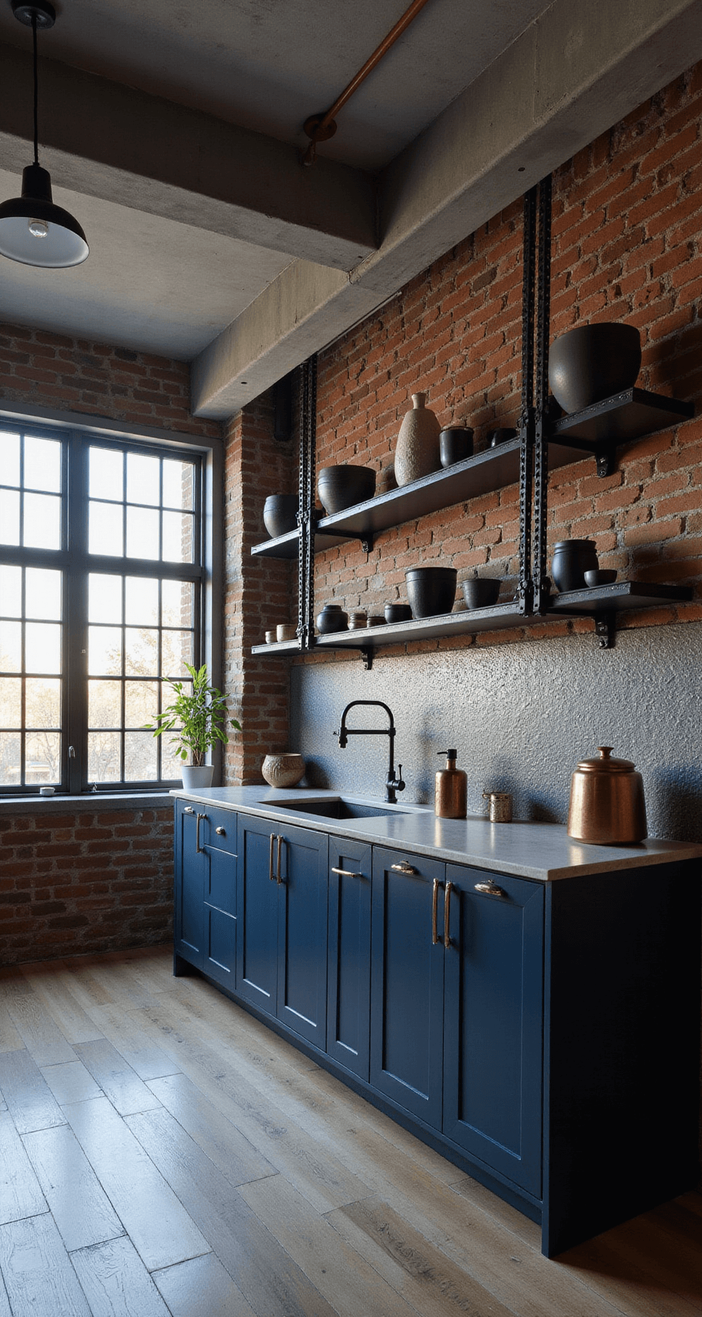 A stylish industrial chic kitchen featuring exposed brick walls and a concrete ceiling, with flat-panel navy cabinets, soapstone countertops, and metallic mosaic backsplash. Brightly lit by factory-style windows and accented with steel and glass pendant lights, the corner view highlights its architectural details and open metal shelving showcasing minimalist pottery.