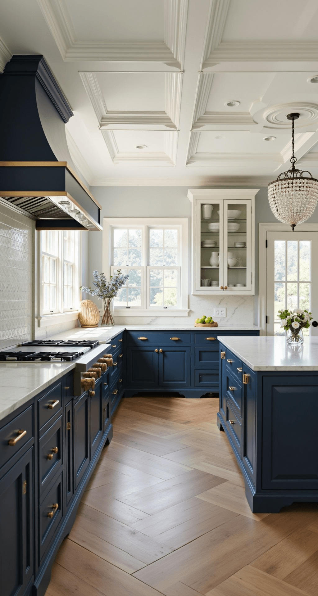 Elegant navy kitchen with coffered ceiling, marble countertops, herringbone wood floors, and crystal chandelier, showcasing white china in glass-front cabinets.