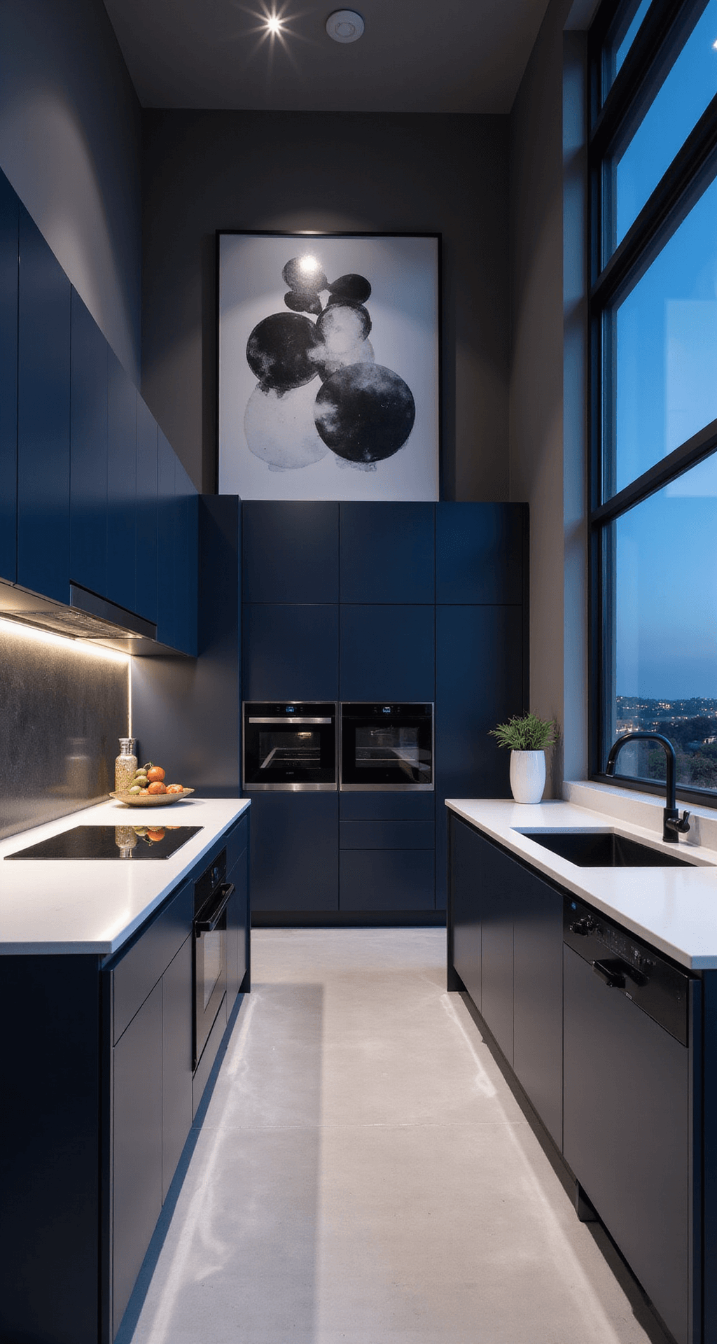 A contemporary navy kitchen featuring handle-less cabinets, white stone countertops, and dramatic LED lighting, photographed from above with city lights reflecting in the windows.