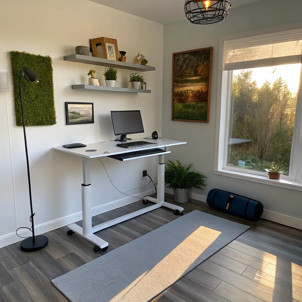 Modern dual-purpose home office corner with a sleek adjustable standing desk, rubber flooring insert, wall-mounted yoga mat holder, minimalist floating shelf, preserved moss wall art, and grayscale palette with brass accents, illuminated by late afternoon light.