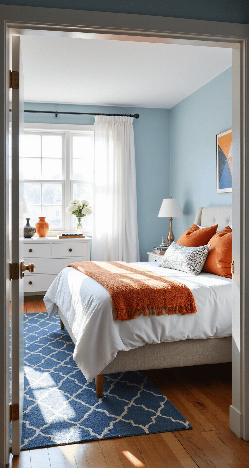 A bright, airy bedroom with morning sunlight streaming through large windows onto light blue walls. A modern platform bed with white linens and textured orange throw pillows is the focal point. An orange and blue abstract artwork hangs above the headboard. A white dresser with brass hardware sits opposite the bed. The room features a geometric blue rug, woven orange throw blanket, and sheer white curtains catching the light.