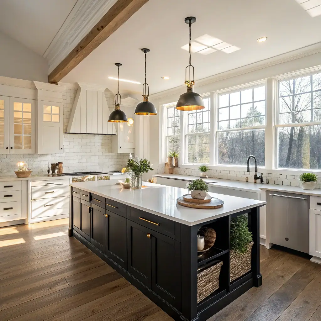 A sunlit farmhouse kitchen with black lower and white upper cabinets, centered by a white quartz waterfall island, features large windows, wide-plank oak floors, vintage black pendant lights, and a fireclay farmhouse sink with linen curtains. Artisanal ceramics, terracotta pots, and wooden cutting boards accent a subway-tiled backsplash.