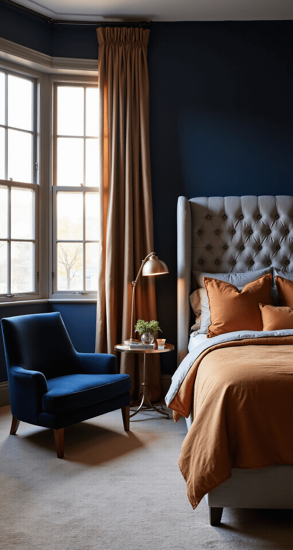A sophisticated master bedroom with dramatic navy blue walls, golden hour lighting, a tufted gray king bed with burnt orange bedding, a brass floor lamp next to a blue velvet wingback chair, silk drapes, and rich textures.