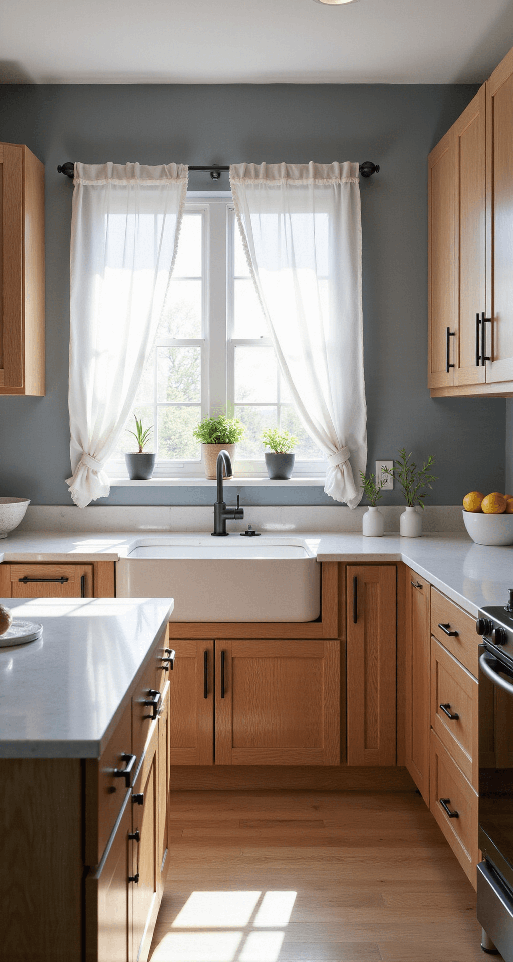 A sunlit kitchen featuring honey oak cabinets, quartz countertops, and a large white ceramic sink, captured from a 45-degree angle with minimal accessories on the counter and cool gray walls.