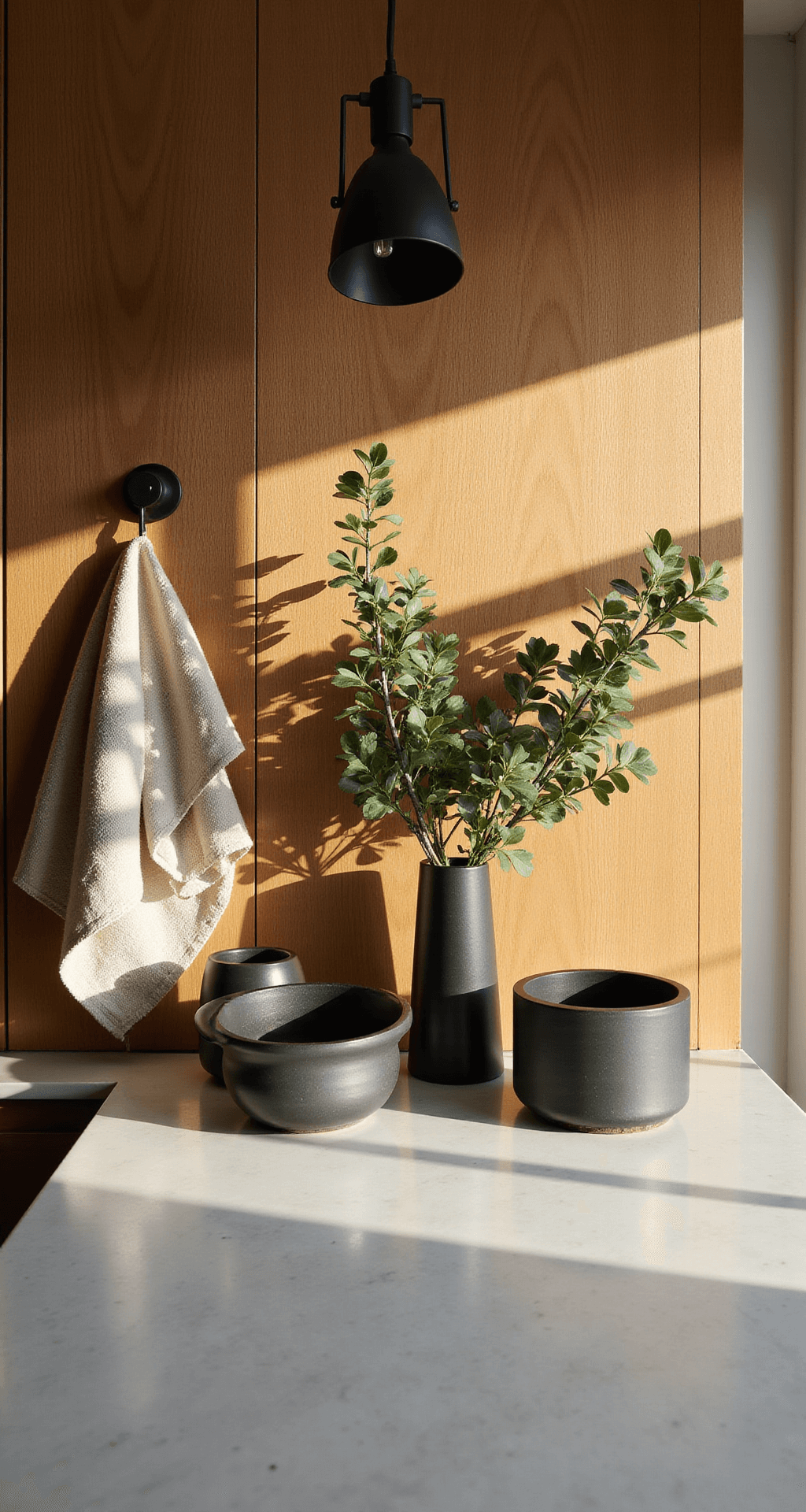 A stylish kitchen vignette featuring honey oak cabinetry and white quartz countertops, illuminated by golden hour light. The scene includes matte black and brass accessories, a pendant light, linen tea towels, ceramic vessels, and fresh eucalyptus, all captured with a soft bokeh effect.