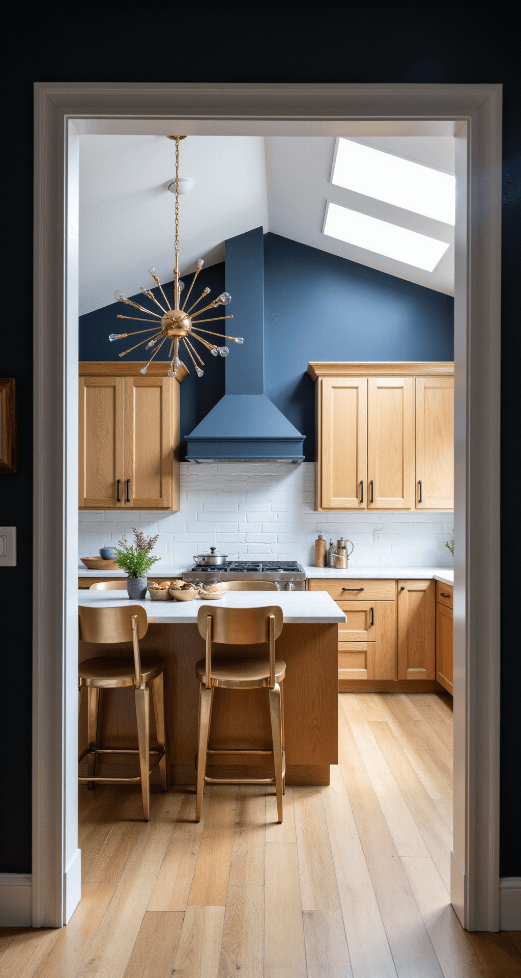 A wide-angle view of a modern kitchen featuring honey oak cabinets and deep navy walls, illuminated by a brass-accented sputnik chandelier. The space includes a white subway tile backsplash, a waterfall quartz island with brass barstools, and styled with geometric ceramics, copper cookware, and greenery, all highlighted by natural light from skylights.