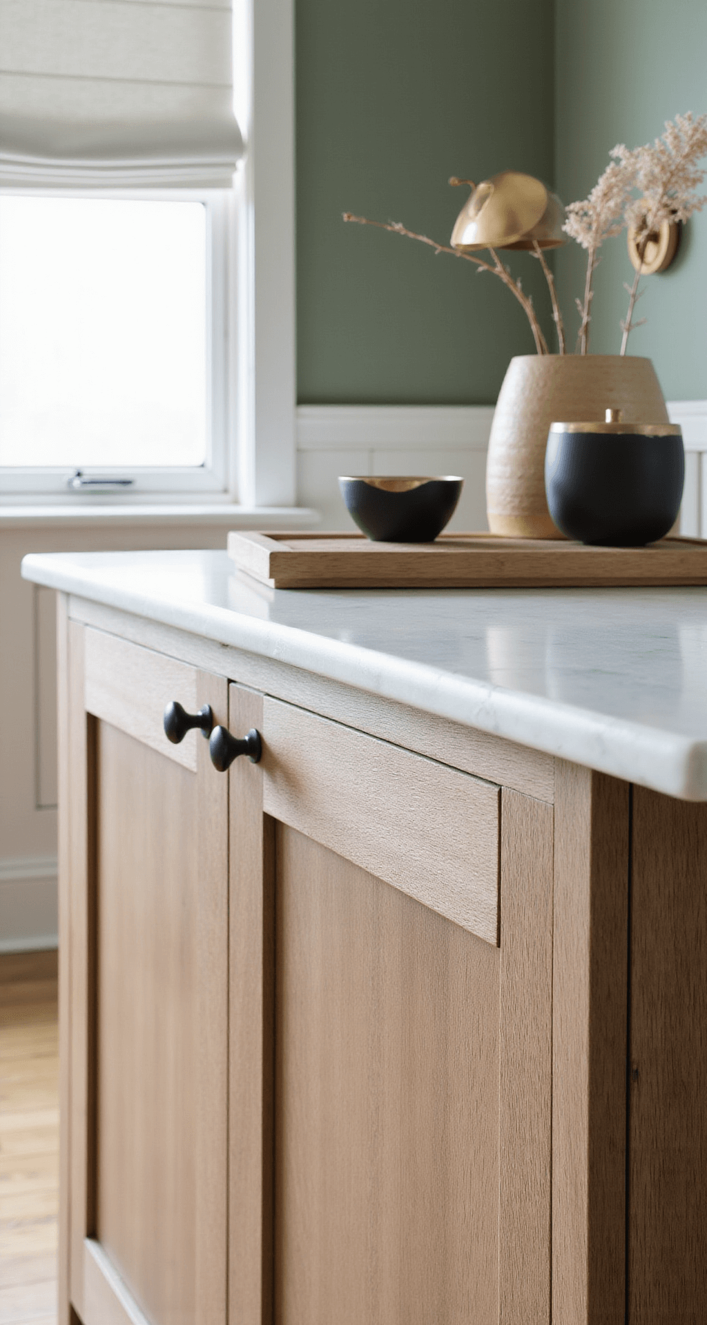 Detail shot of a modernized honey oak cabinet vignette with mixed metals, featuring matte black hardware, a white marble countertop, artisanal ceramics, and brushed gold accessories, illuminated by soft window light, against a sage green accent wall.
