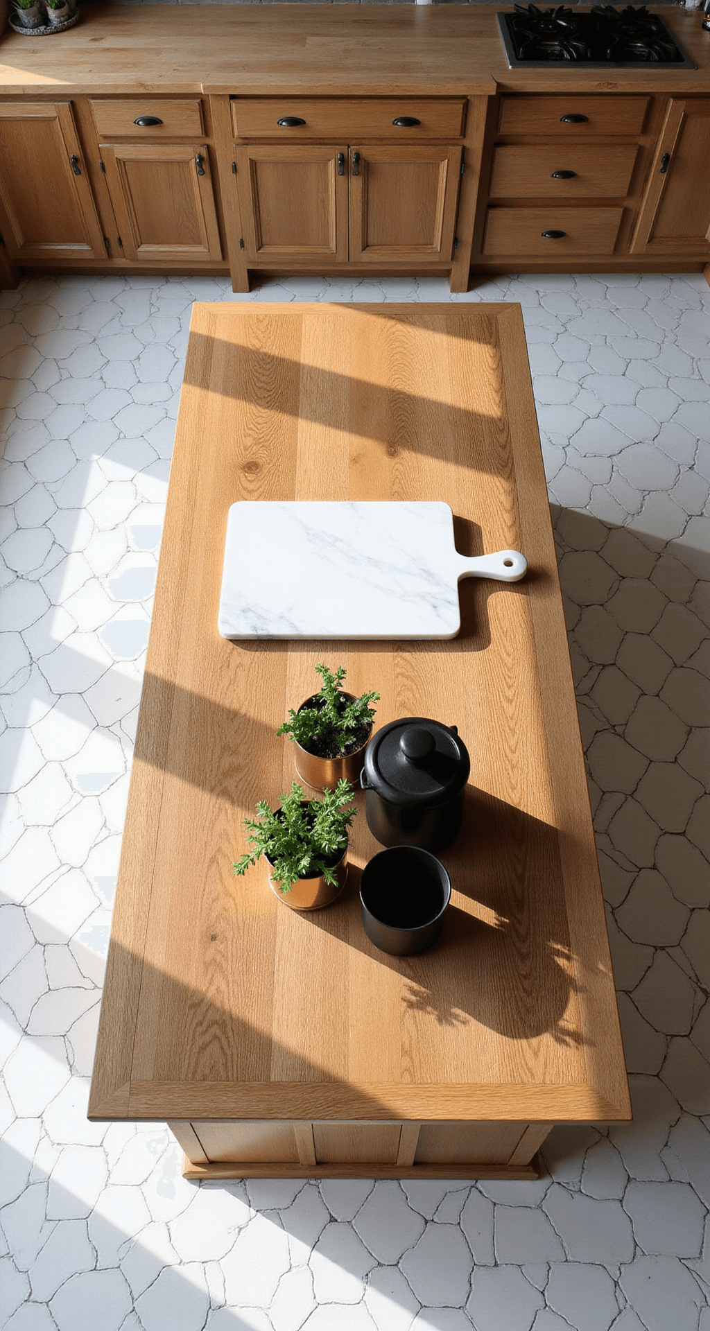 Overhead view of a kitchen island preparation area featuring honey oak cabinets and modern elements, with a white hexagon tile floor, a white marble cutting board, black ceramic containers, and fresh herbs in copper planters, illuminated by afternoon light and professional strobe lighting.