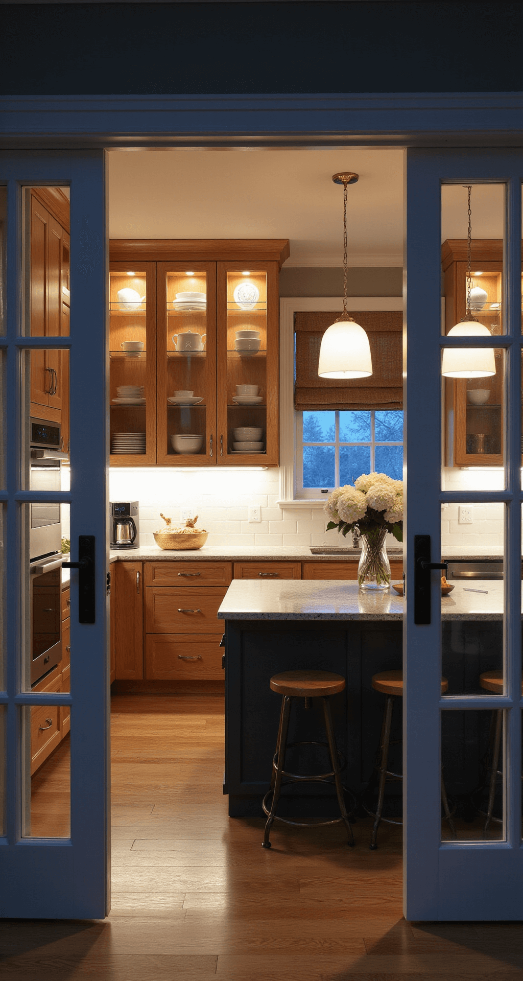 Twilight kitchen view through French doors, featuring honey oak cabinets with under-cabinet and pendant lighting, cool blue-hour light, modern glass-front upper cabinets with white dinnerware, charcoal gray island base, minimal brass decor, and white hydrangeas.
