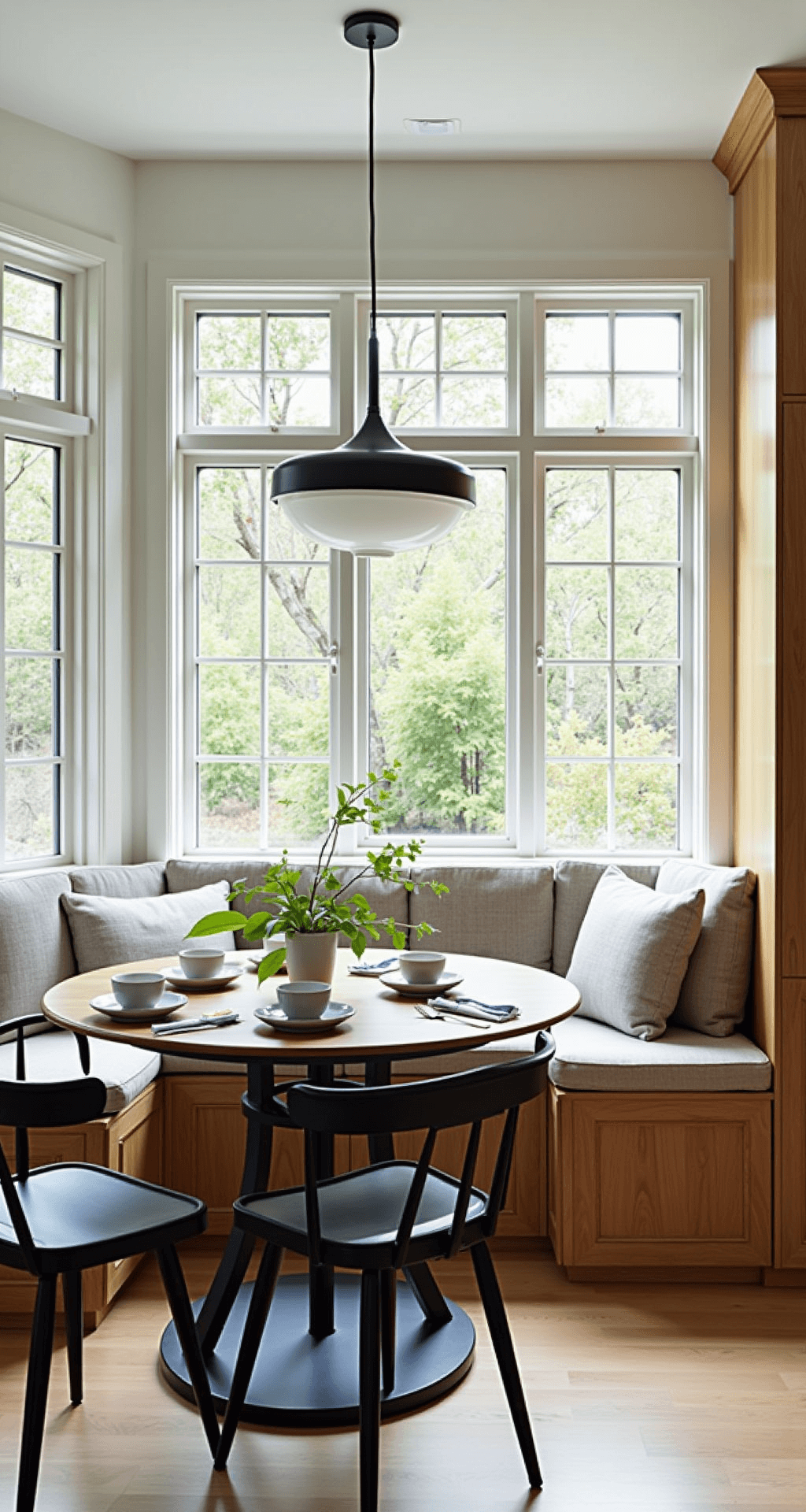 Bright corner breakfast nook with honey oak built-ins and a modern round table, accented by black metal chairs, under geometric pendant lighting, featuring textural layers of linen cushions and ceramic table settings, bathed in morning light from floor-to-ceiling windows.