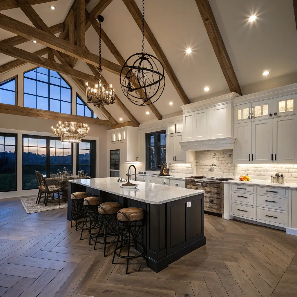 Low-angle shot of a farmhouse kitchen at blue hour, featuring 10ft ceilings with exposed beams, moody lighting, black pantry wall, white cabinetry, veined marble countertops, industrial window light, wrought iron chandelier, herringbone oak floors, black island with butcher block, vintage leather barstools, copper cookware, vintage scales, and matte ceramics.