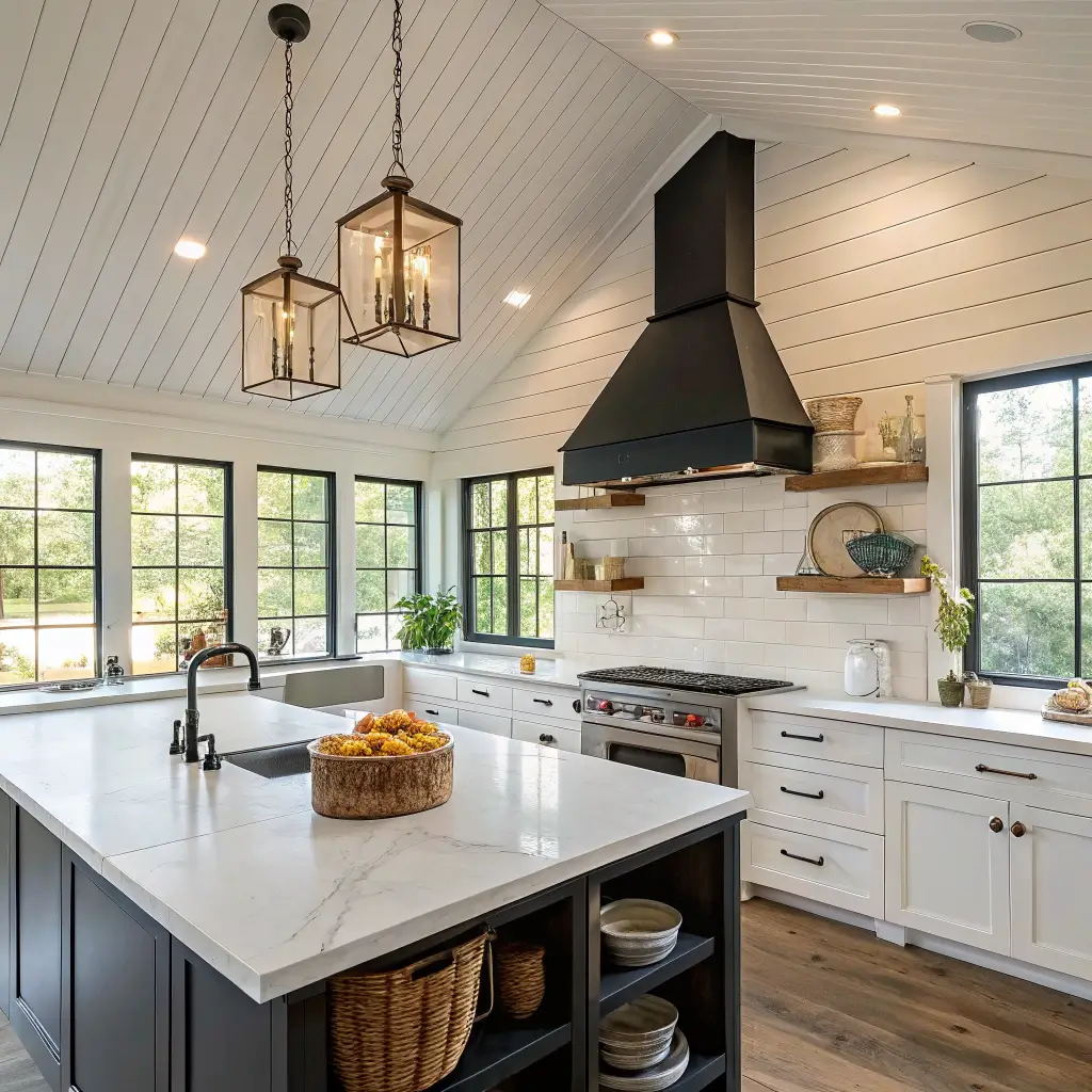 Interior of an L-shaped farmhouse kitchen with black-framed windows, white subway tiles, and a center island with a farmhouse sink; features include oak shelves, brass fixtures, and styled with vintage items and potted herbs.