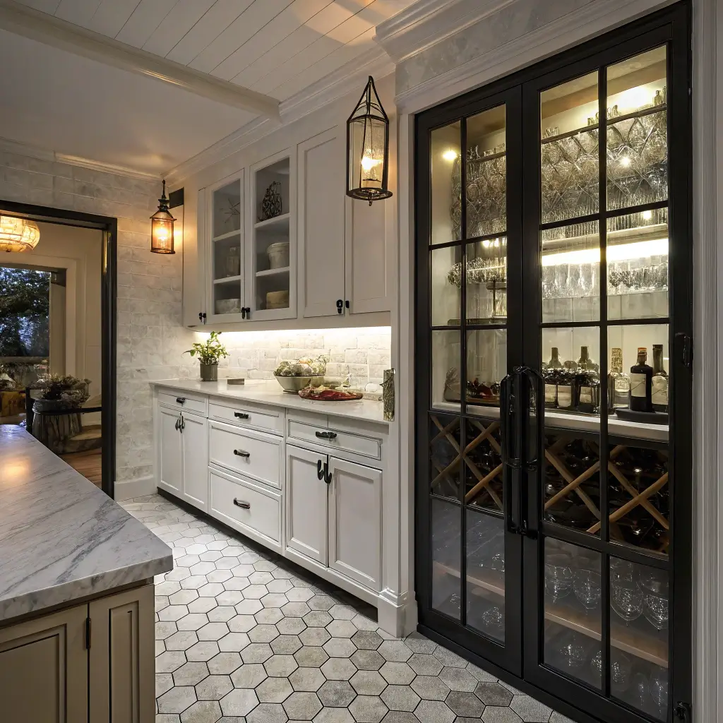 A moody farmhouse kitchen at dusk with a focus on the butler's pantry featuring black steel-framed glass doors, white cabinetry with antiqued mirror backsplash, and hexagonal marble floor tiles. The scene is lit by vintage brass library sconces, highlighting open shelving with black and white pottery, crystal decanters, and copper barware. Shadows and textures add to the luxurious evening atmosphere.