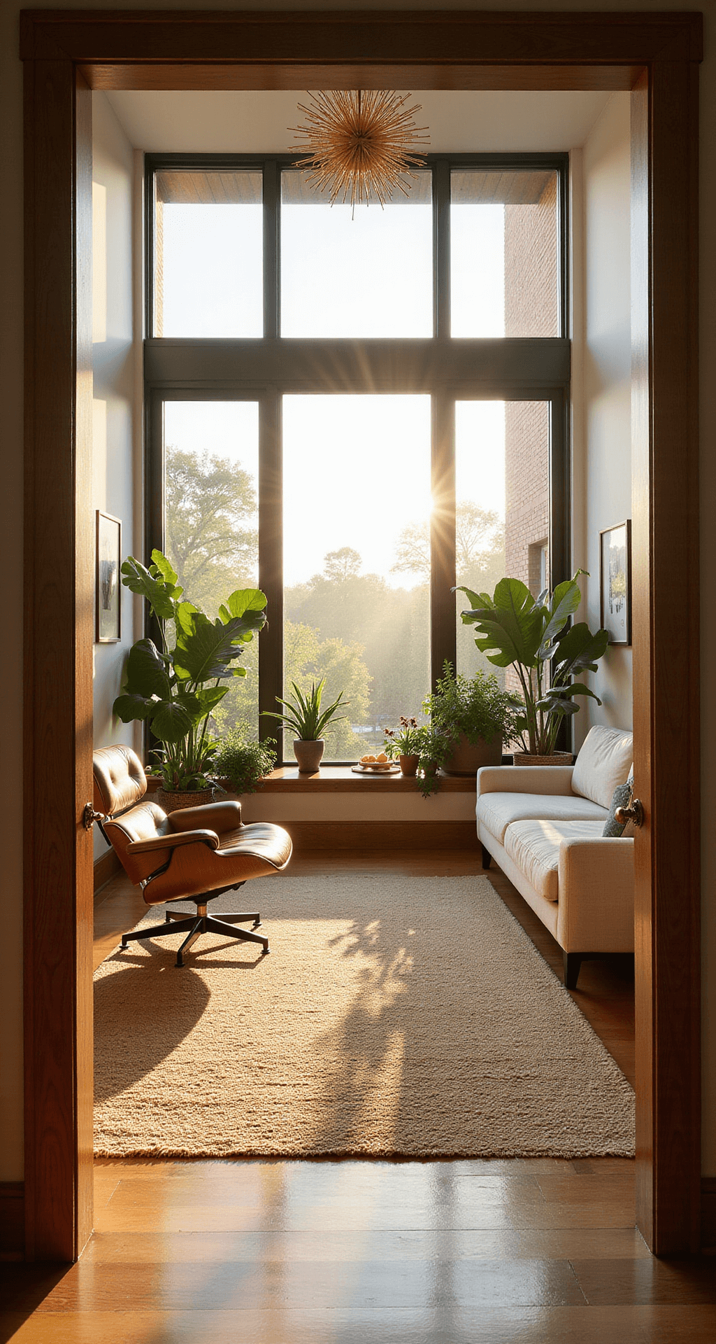 A sun-drenched living room at golden hour with 12ft ceilings and large west-facing windows, featuring an iconic walnut Eames lounge chair, an ivory linen sofa, layered Persian and jute rugs on hardwood floors, a brass Sputnik chandelier, and Monstera and fiddle leaf fig plants. Warm walnut, ivory, brass, emerald green, and burnt orange accents create a warm, atmospheric glow.