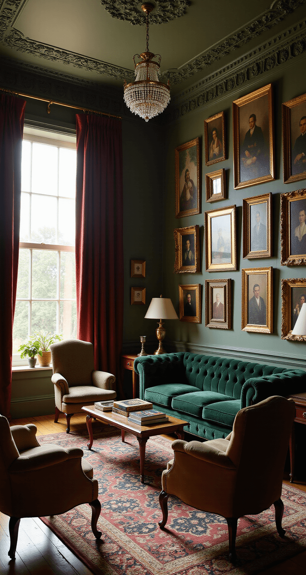 Victorian-style living room with forest green Chesterfield sofa, burgundy drapes, and ornate crown molding, illuminated by golden hour sunlight.