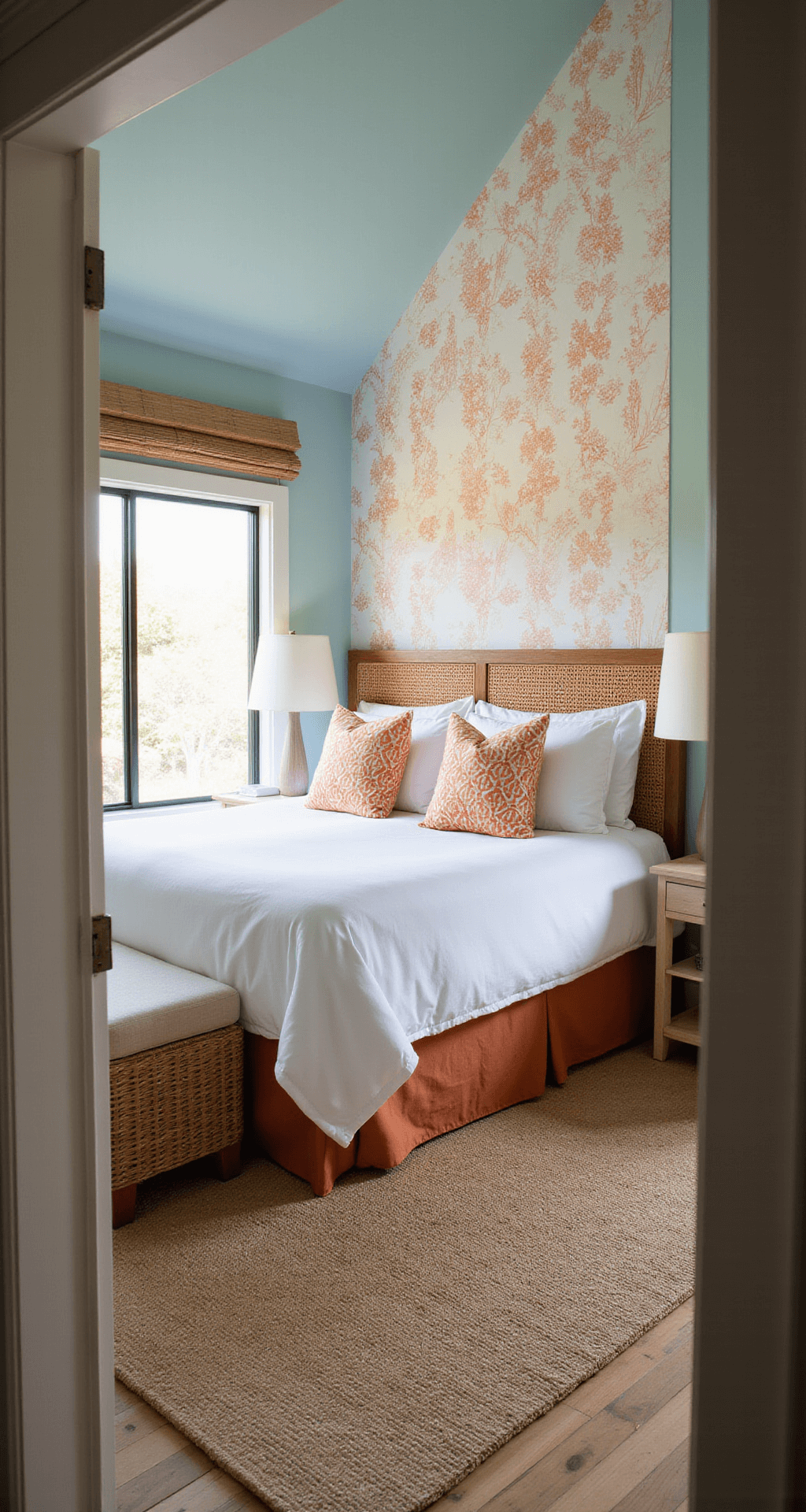 A cozy 14x16ft guest room with seafoam blue walls, an orange coral motif wallpaper accent, and mid-morning light filtering through bamboo shades. The queen bed features white linens and orange block-print pillows, flanked by rattan nightstands. The room features natural textures including grasscloth, rattan, and cotton layers, viewed from the doorway with a 50mm lens capturing the full layout.