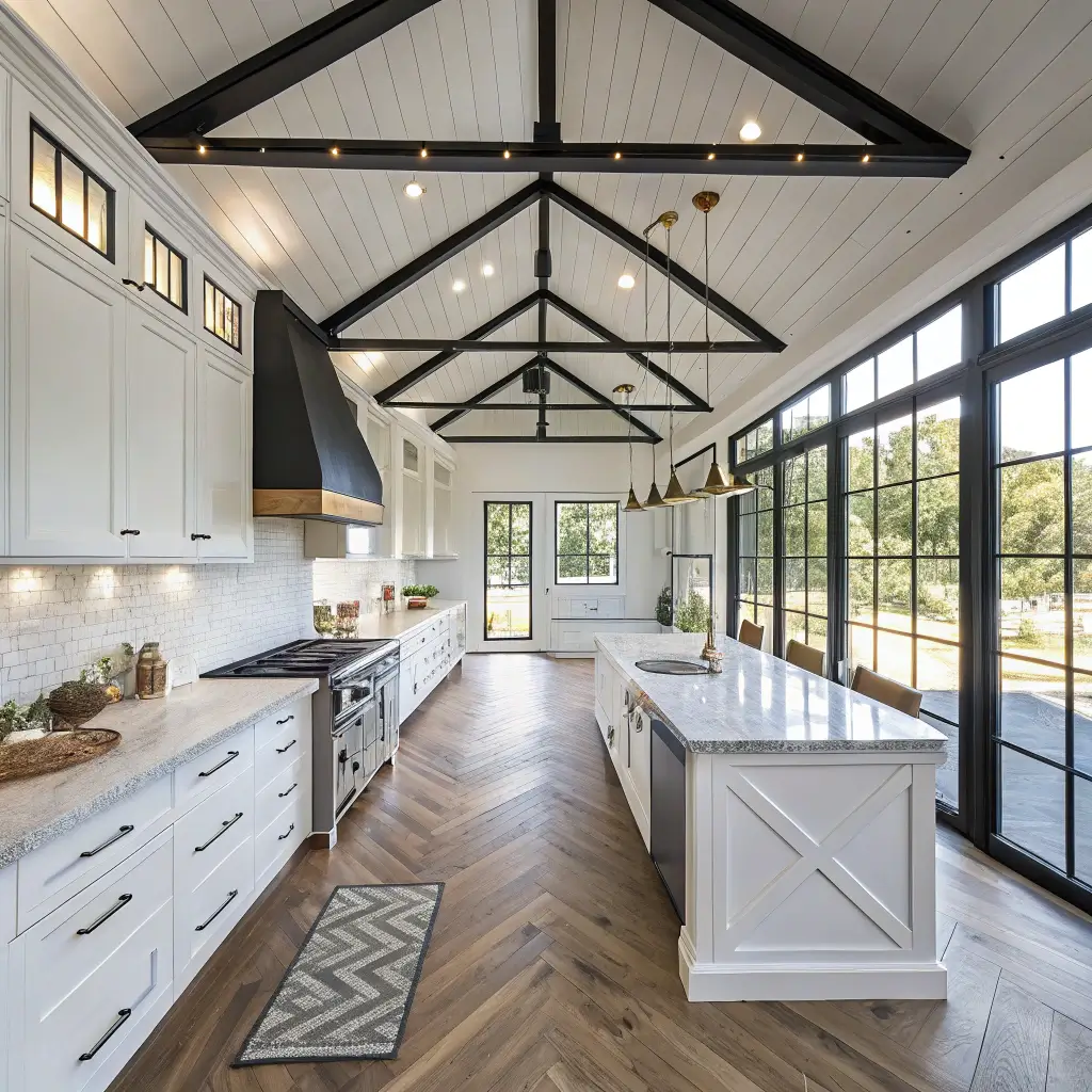 An overhead view of a farmhouse kitchen with black steel beams, white tongue-and-groove planking, black factory-style windows, white cabinetry, two black islands with marble tops and brass foot rails, chevron white oak floors, vintage rugs, mixed metal cookware, and salvage pieces.