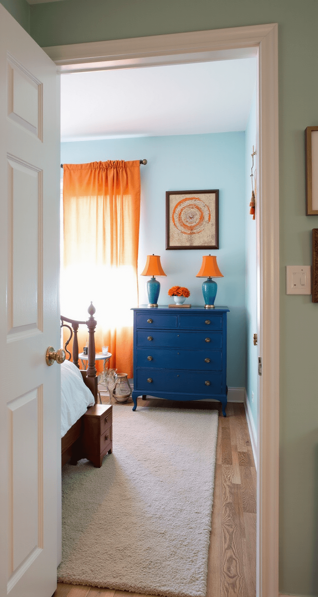 A budget-friendly 12x14ft bedroom with pale blue walls, DIY orange ombre curtains, a deep blue painted vintage dresser, upcycled orange lampshades, and framed textile art. Natural daylight highlights the mix of painted furniture, vintage pieces, and handmade accessories.