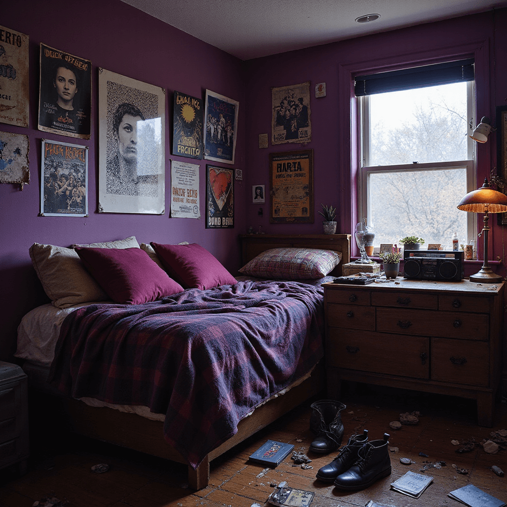 A dimly lit, grunge-inspired bedroom with dark purple walls adorned with torn band posters and concert tickets, featuring a vintage wooden desk with a black boombox and band pins, an unmade bed with flannel blankets and corduroy pillows, and Doc Martens by a distressed dresser with mixtapes, captured at dusk from an elevated angle with shadow-casting lamps.