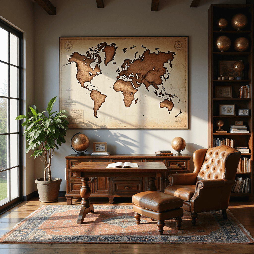 Sunlit home office with high ceilings, featuring a vintage sepia world map, floor-to-ceiling windows, a Chesterfield armchair, brass globes, travel-themed shadowboxes, a Persian rug, and a rustic wooden desk.