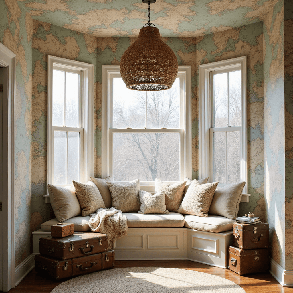 A cozy reading nook with a bay window featuring a custom window seat, Moroccan pillows, and a chunky knit throw, surrounded by sage and cream map wallpaper, a rattan pendant lamp, and vintage suitcase side table.
