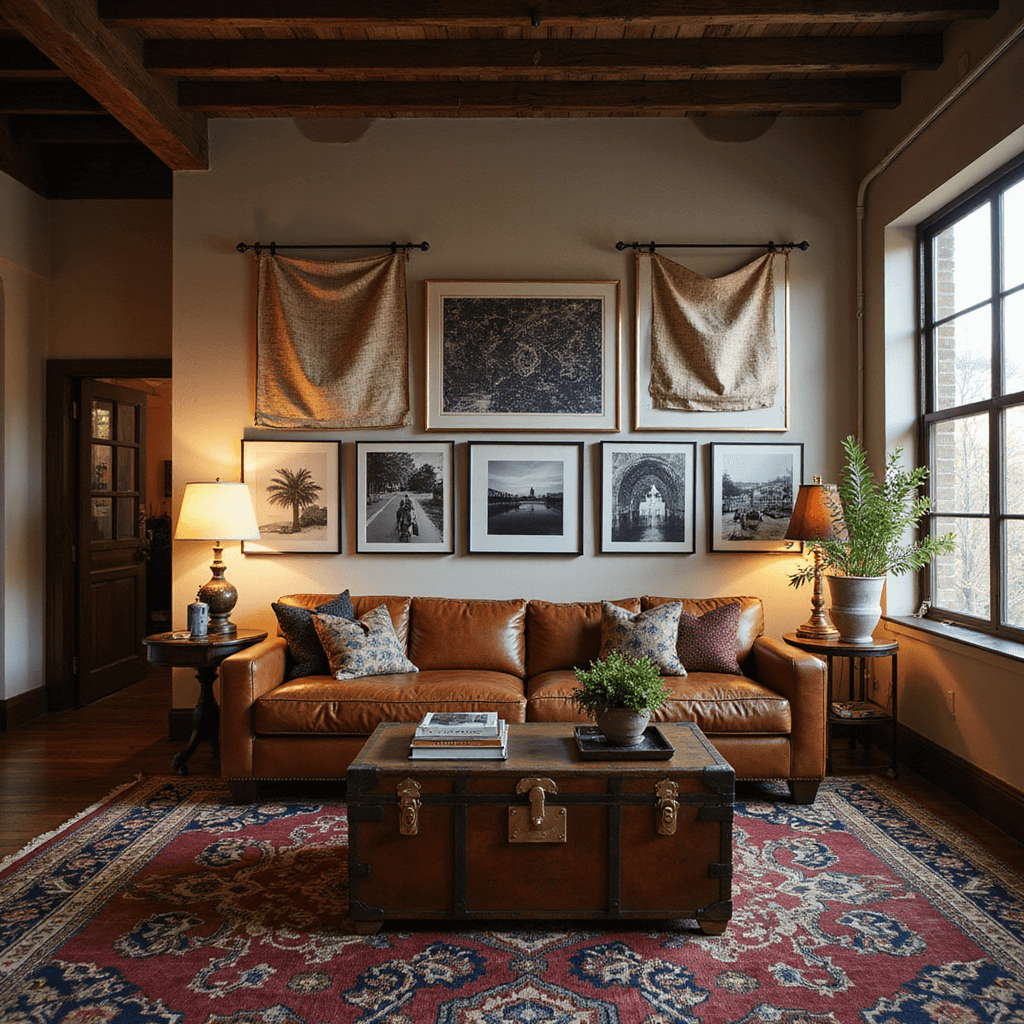 A warm, elegant 20x25ft living room during golden hour, featuring a gallery wall of black-and-white travel photos in metallic frames, a steamer trunk coffee table on a burgundy and indigo kilim rug, antique globes for ambient lighting, and cotton canvas world map tapestries hanging from exposed beams, all highlighted by dramatic cross-lighting.