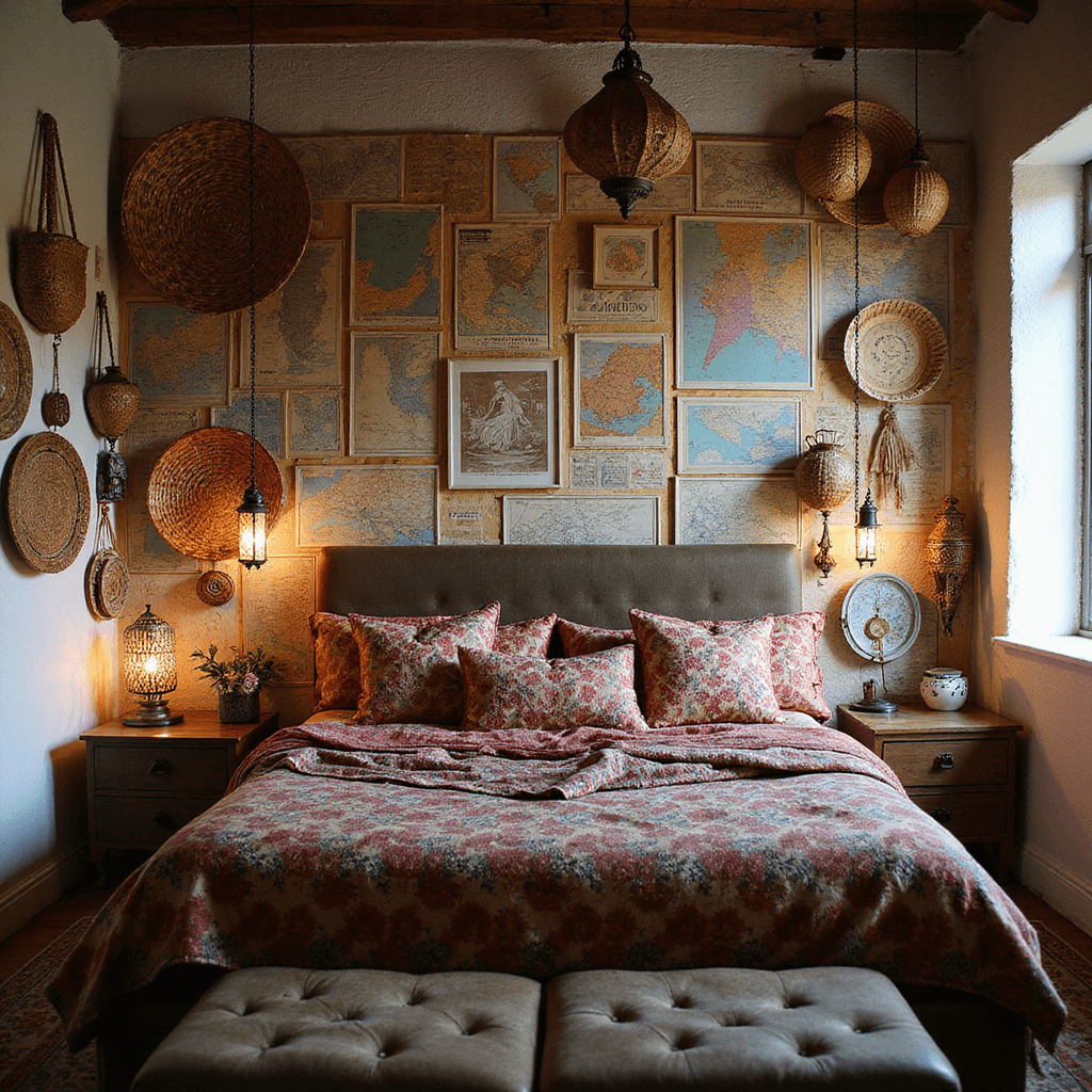 A cozy, bohemian-style bedroom with vintage travel posters on the headboard wall, woven baskets on one side, and Moroccan lanterns casting patterns on whitewashed walls. The bed is adorned with layered textiles, including Indian quilts, Turkish throws, and embroidered pillows, in earth and jewel tones, under intimate evening lighting.
