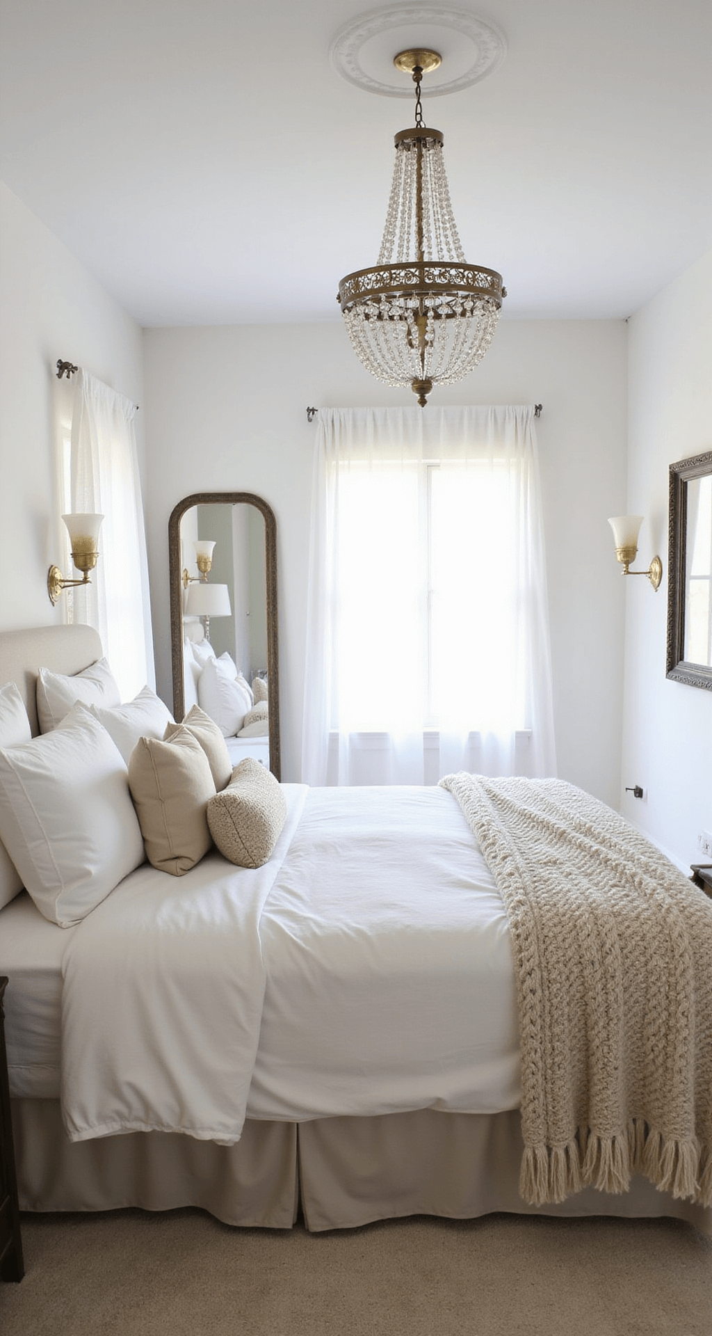 A bright basement bedroom with morning light through sheer-curtained egress windows, featuring a king-sized bed with white and cream linens, crystal chandelier, brass sconces, mercury glass lamps, and an oversized mirror capturing natural and artificial light interplay.