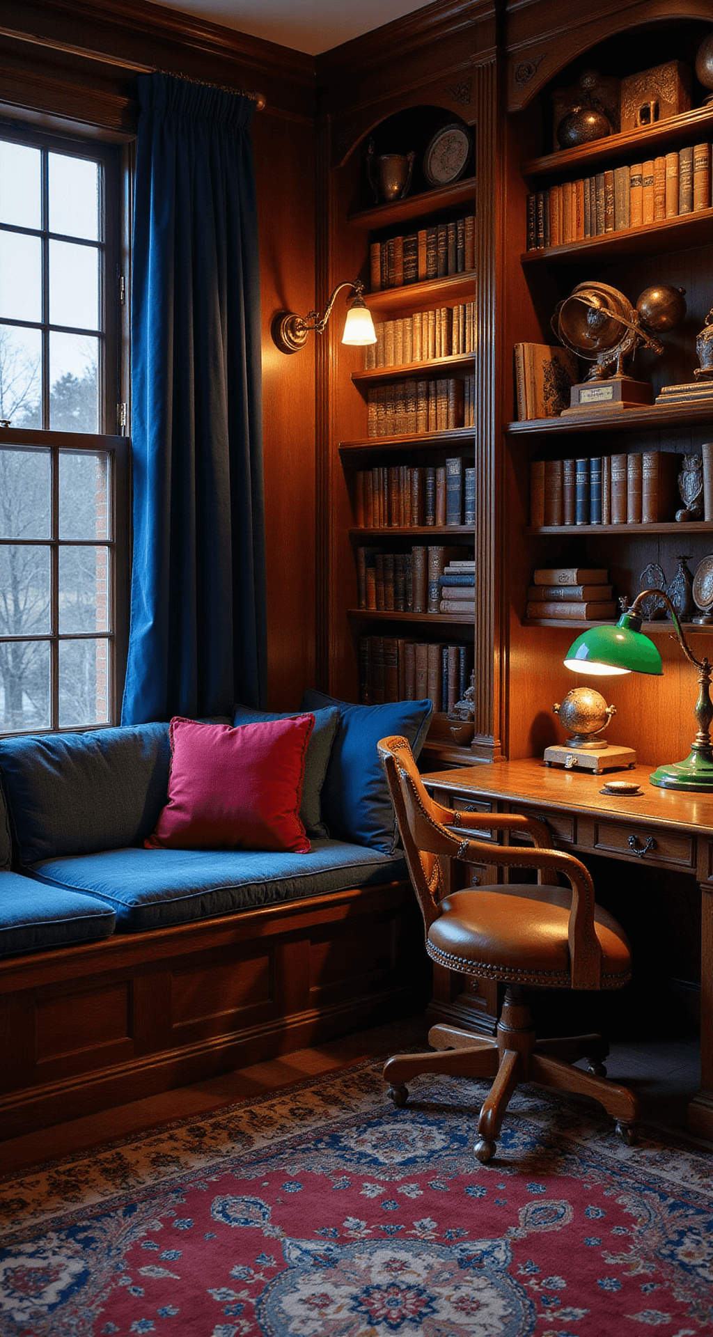 A cozy library corner at dusk with dark walnut bookshelves, a velvet-cushioned window seat, a vintage leather chair at a carved desk, and warm brass lighting.