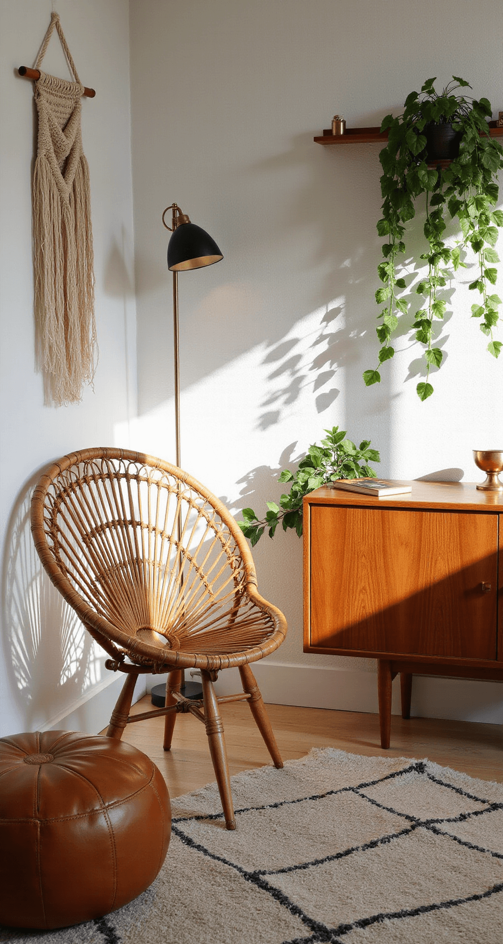An intimate corner nook with morning light, featuring a rattan peacock chair, teak sideboard with brass objects and pothos plants, macramé wall hanging, cognac leather Moroccan pouf on a geometric rug, and a globe floor lamp.